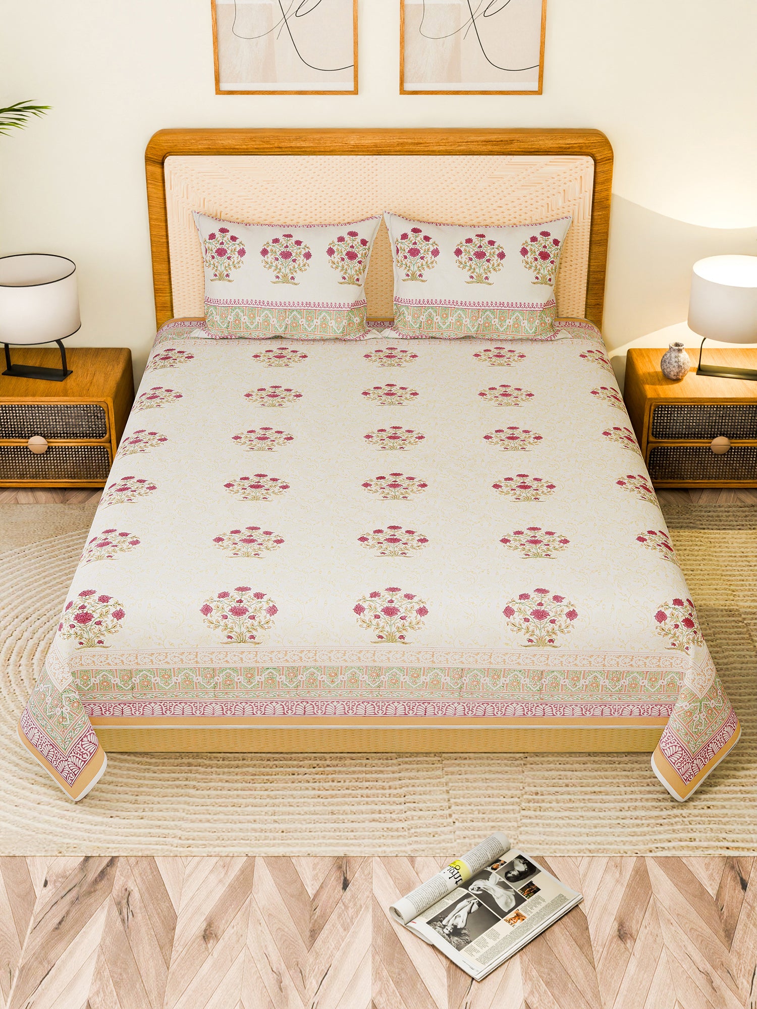 QUILORA COTTON PRINTED DOUBLE BEDSHEET WITH PILLOW