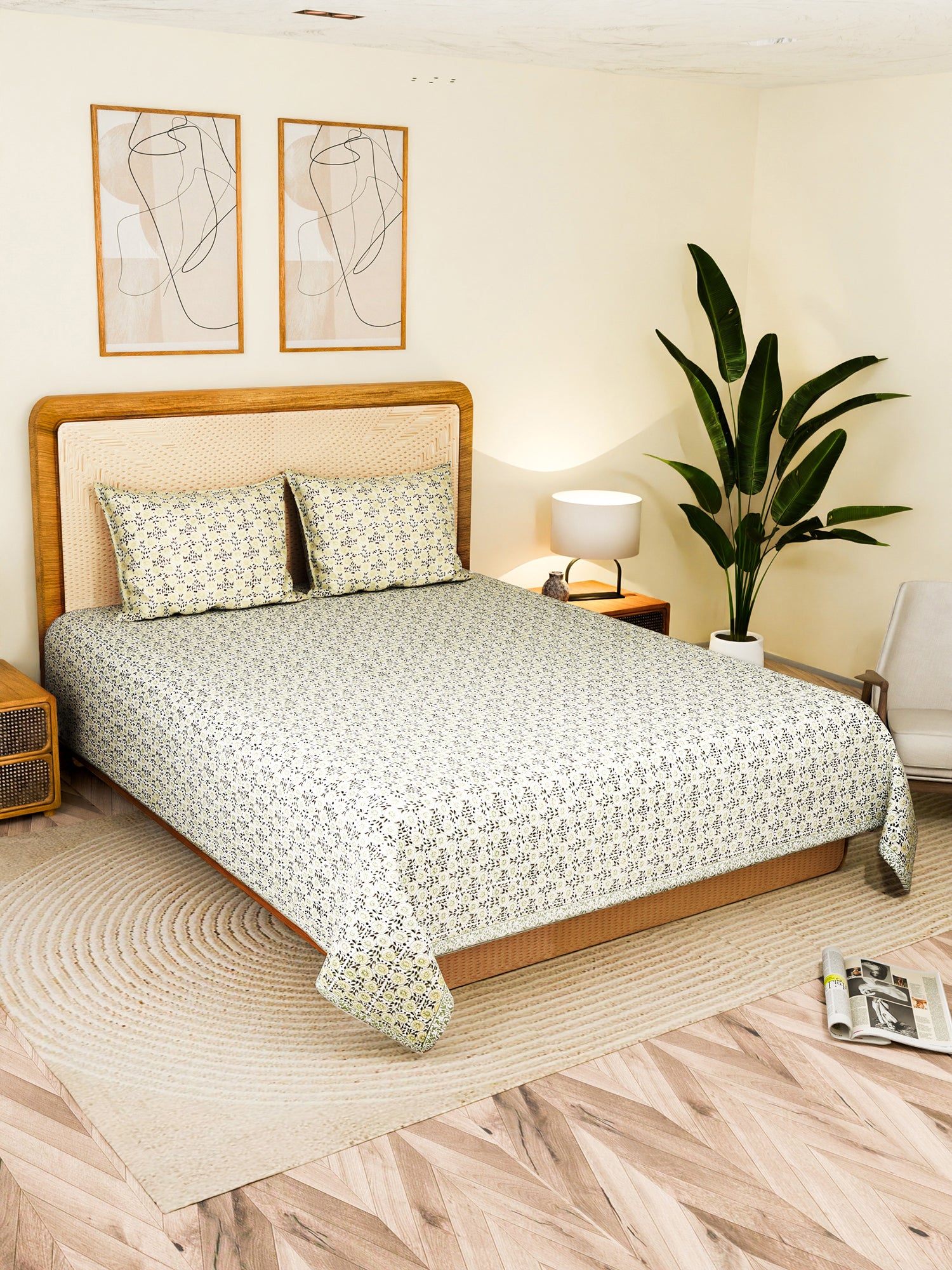 PLUSHORA COTTON PRINTED DOUBLE BEDSHEET WITH PILLOW