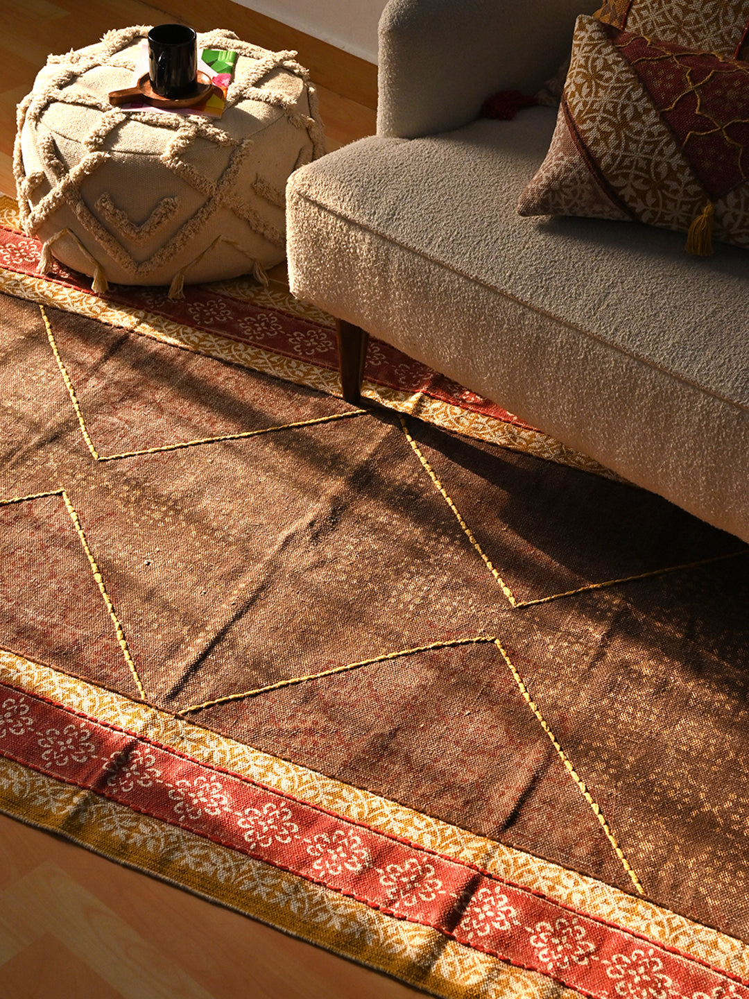 Detail of block-print on blue and yellow dhurrie rug — Art Avenue