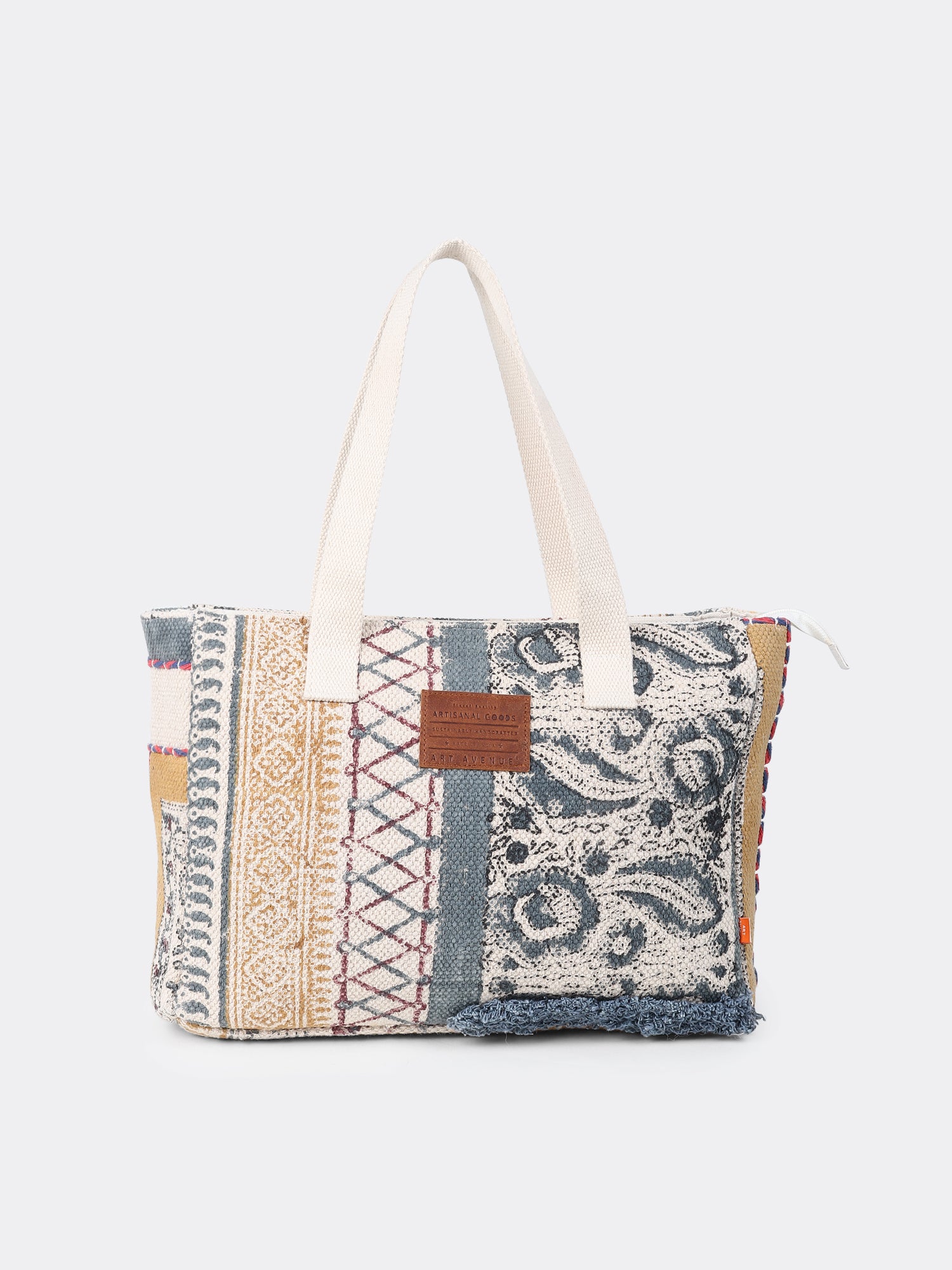Elysira block-printed tote bag, side view — Art Avenue