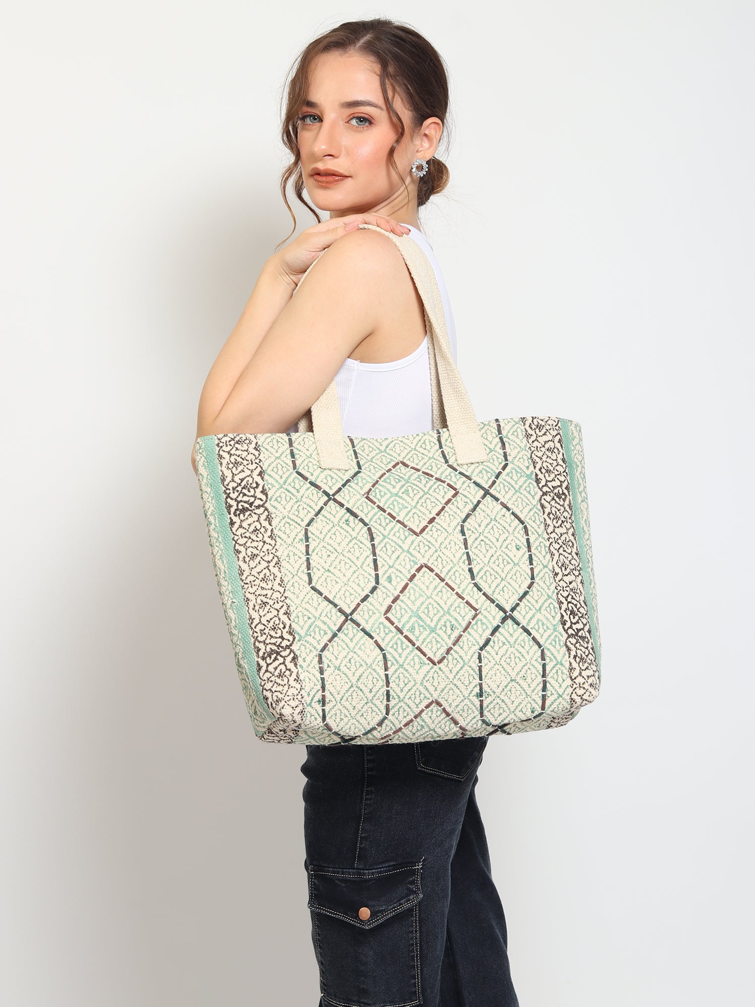 Flora block-printed tote bag, side view — Art Avenue