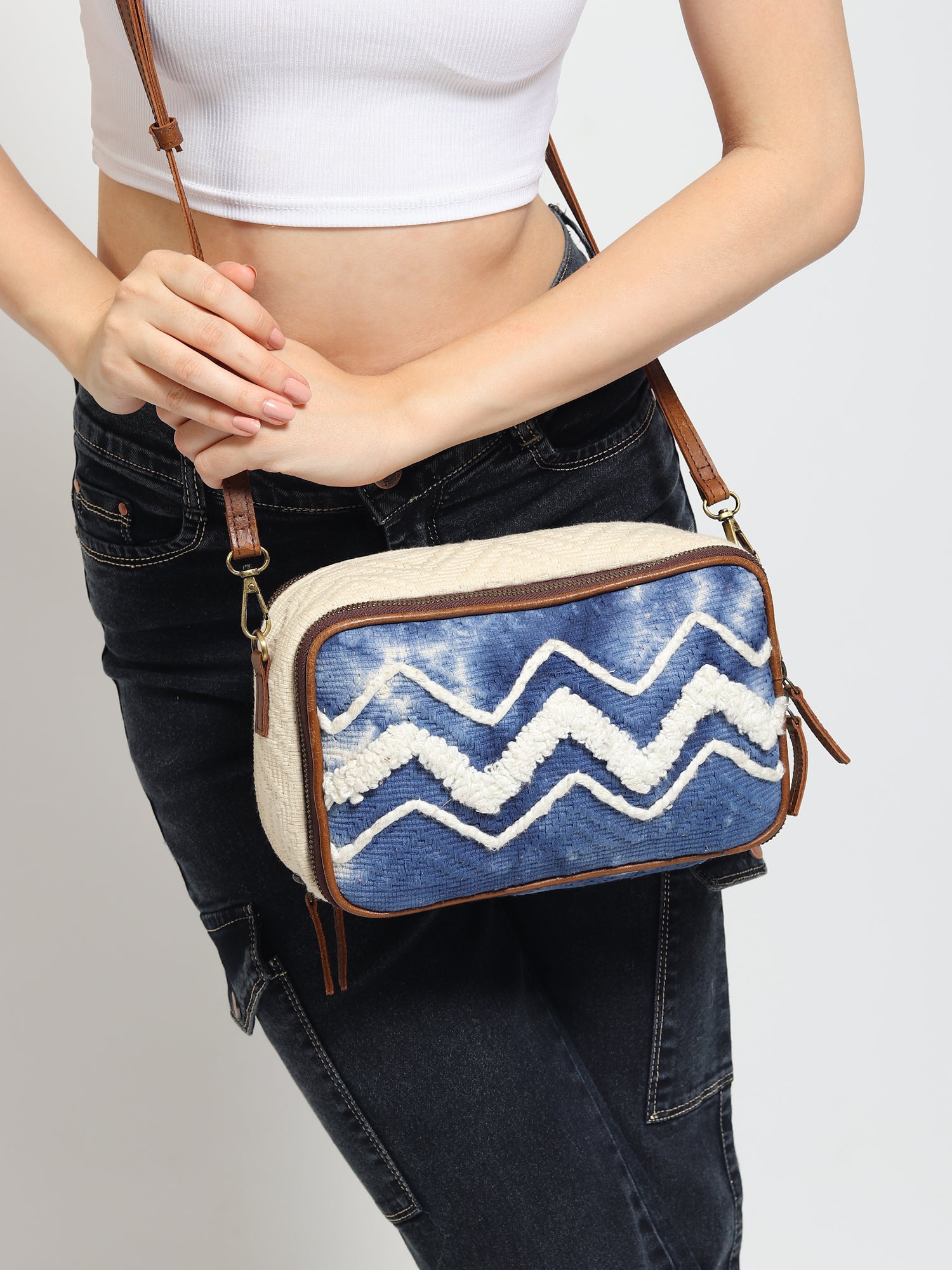 Luigina cotton and leather sling bag — Art Avenue