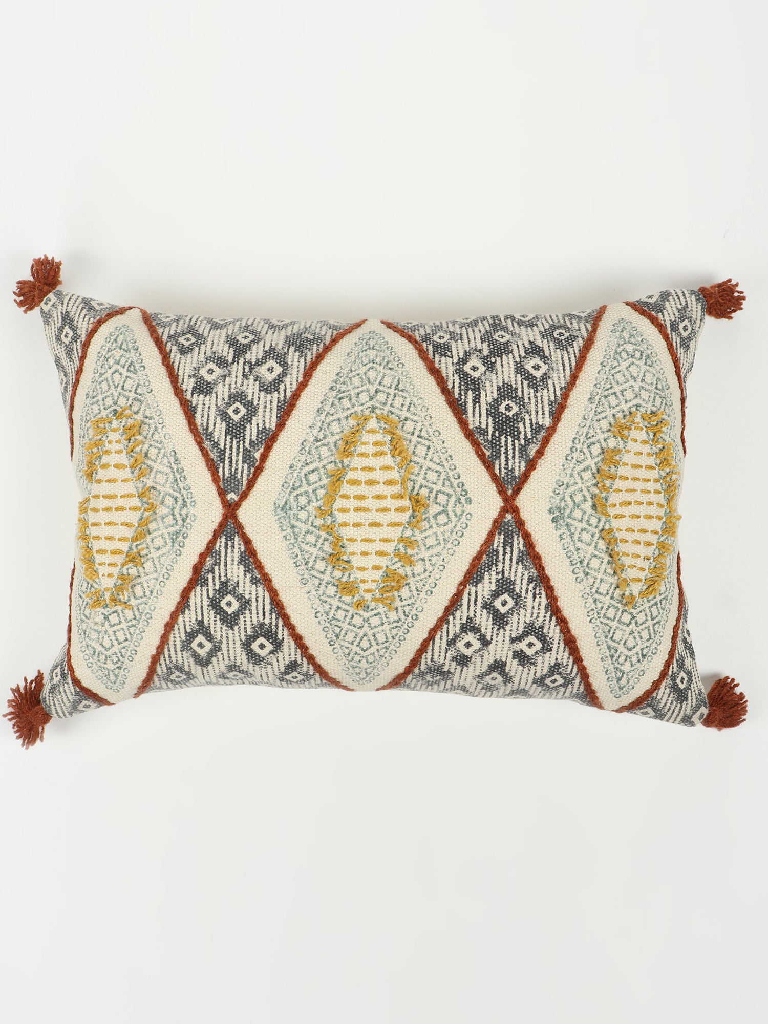Detail of block-print embroidery on lumbar cushion cover — Art Avenue