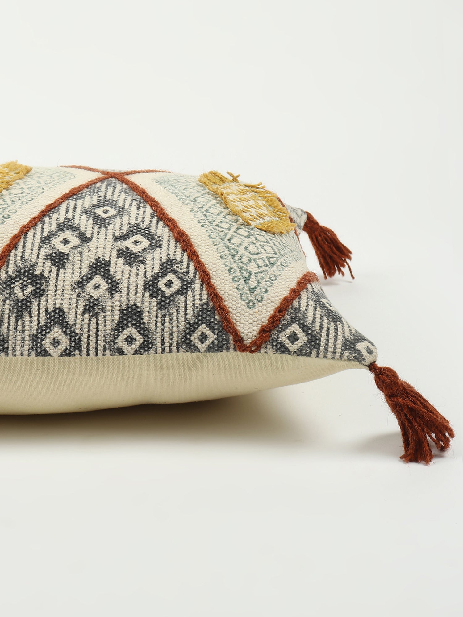 Fine Block-Printed Embroidered Tassel Lumbar Cushion Cover