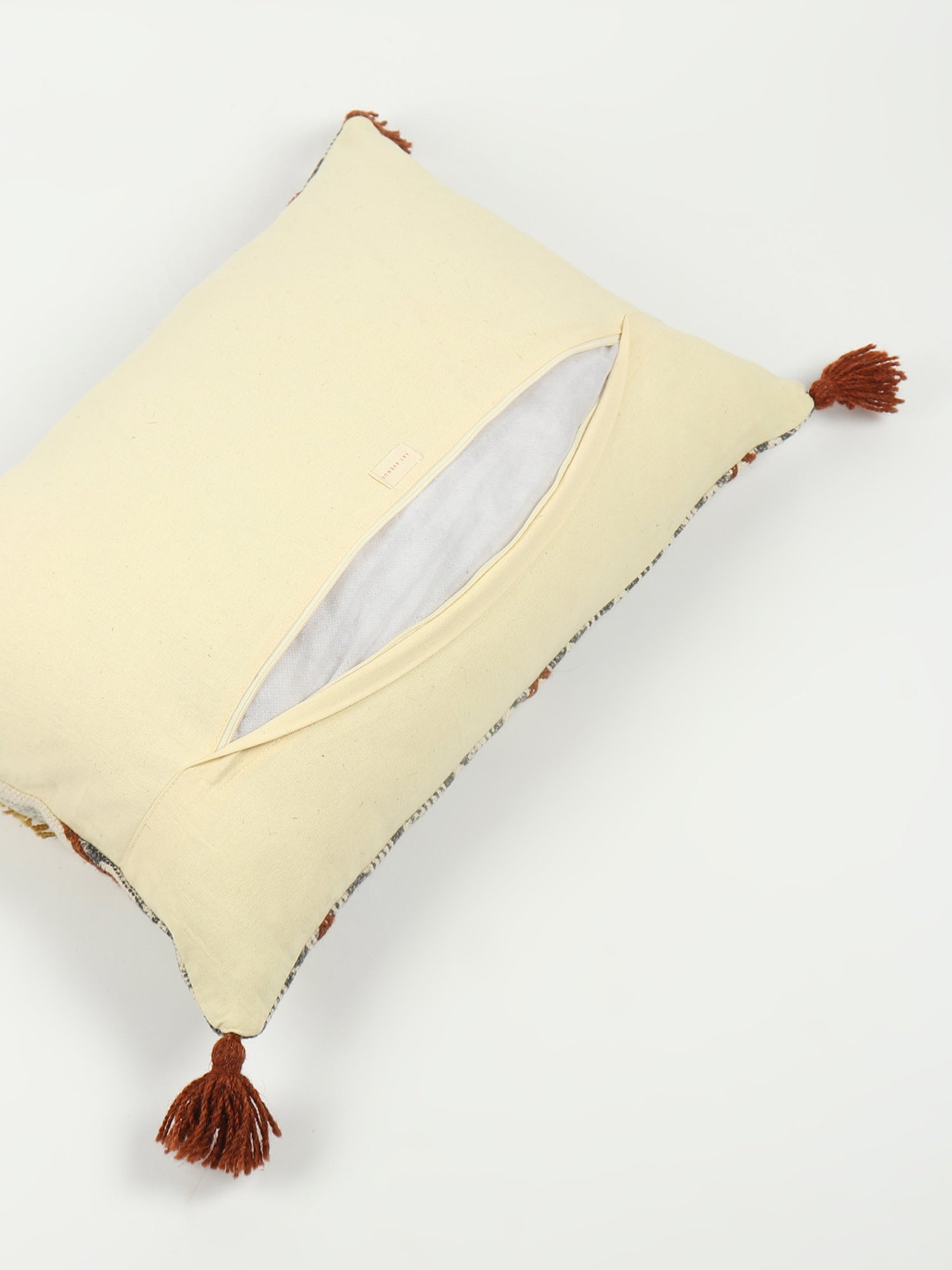 Fine Block-Printed Embroidered Tassel Lumbar Cushion Cover