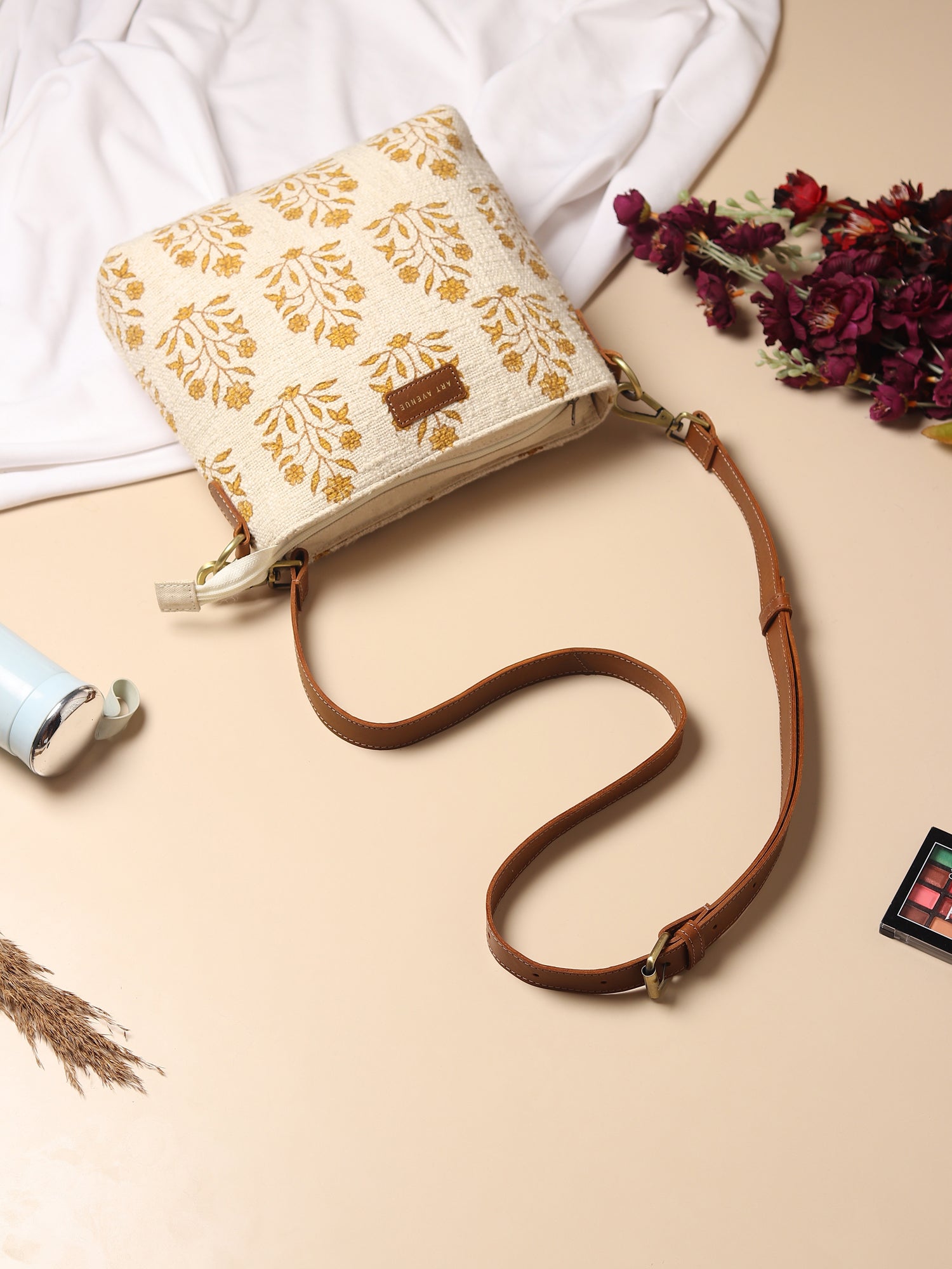Charlie block-printed sling bag detail — Art Avenue