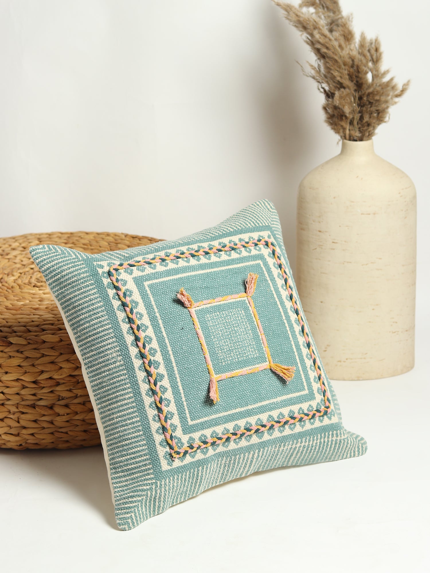 Aella Block-Printed Embroidered Square Cushion Cover