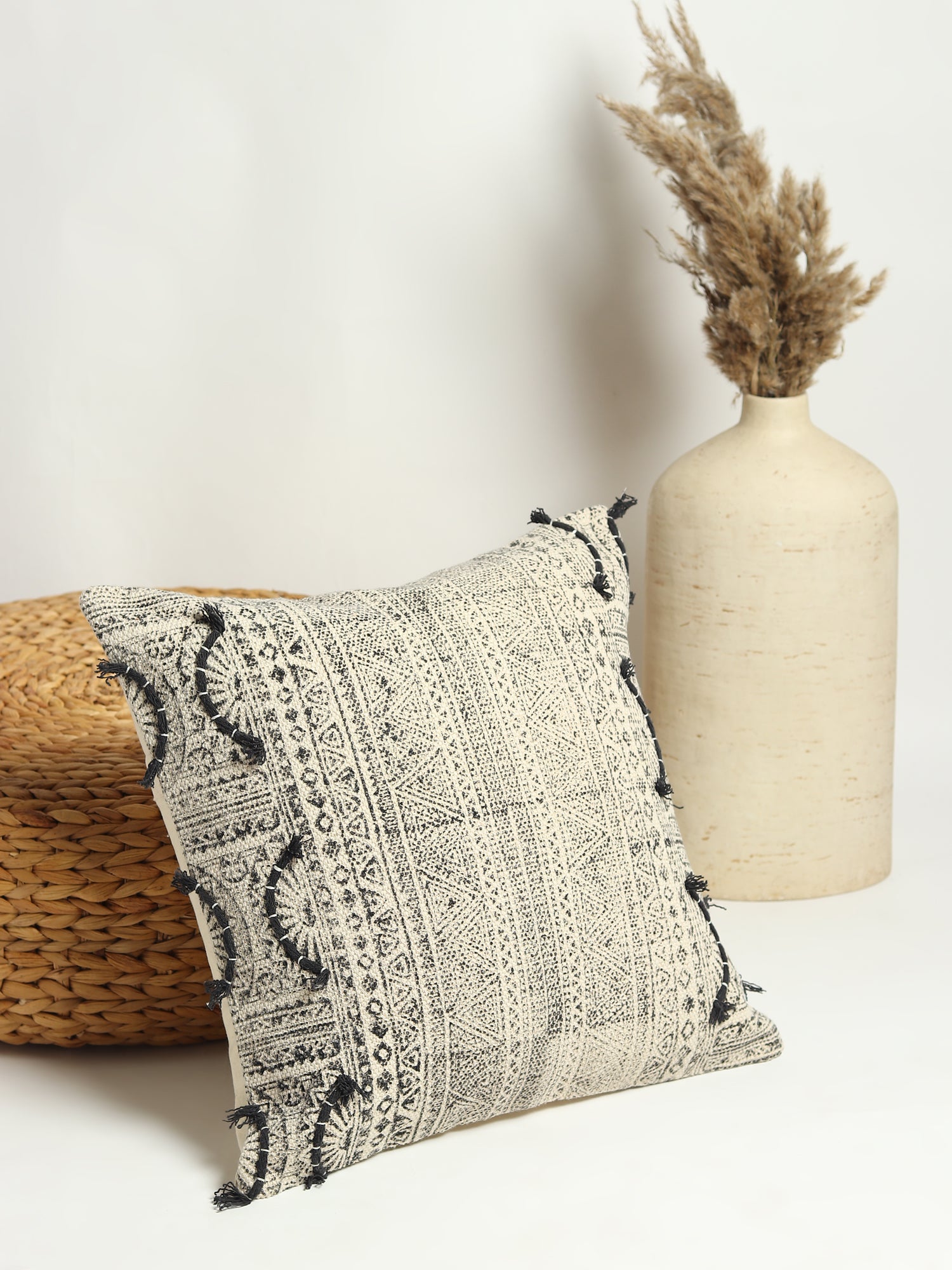Charcoal Whimsical Block-Printed Square Cushion Cover