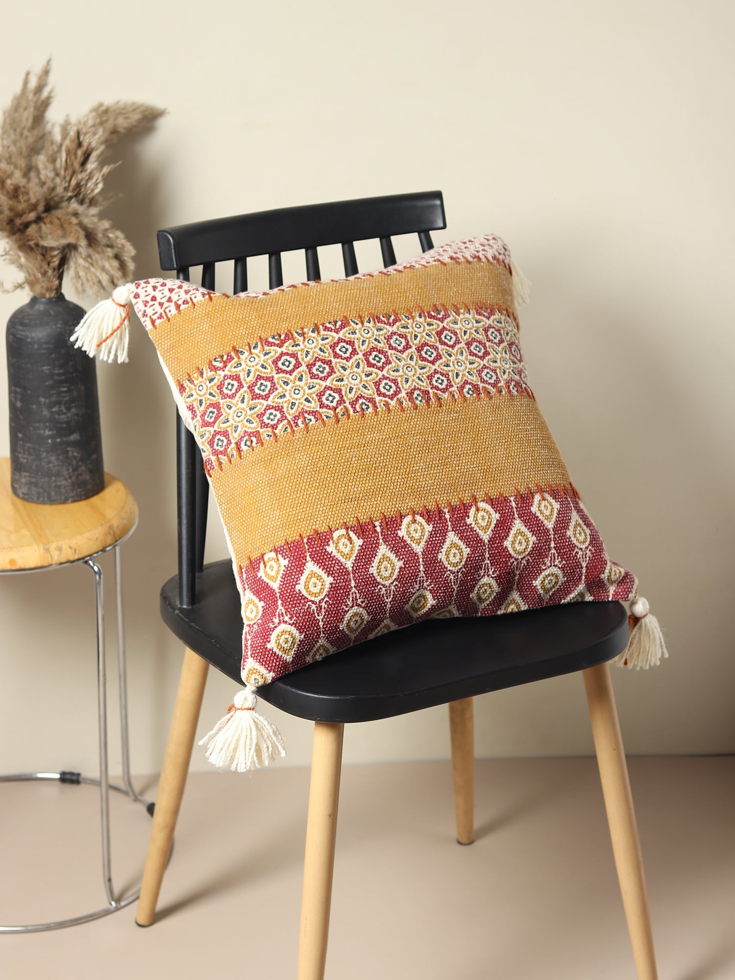 Border Block-Printed Embroidered Square Cushion Cover — Brown — Art Avenue
