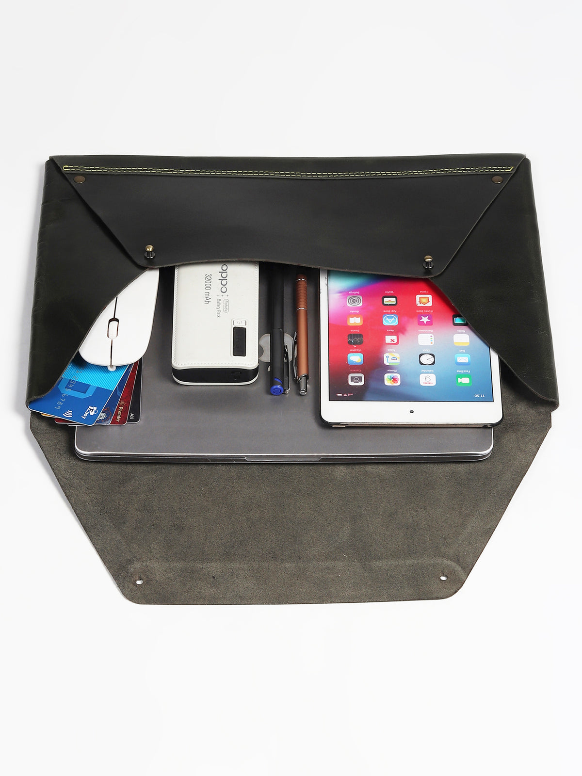 Harvey leather laptop sleeve flat lay — Art Avenue