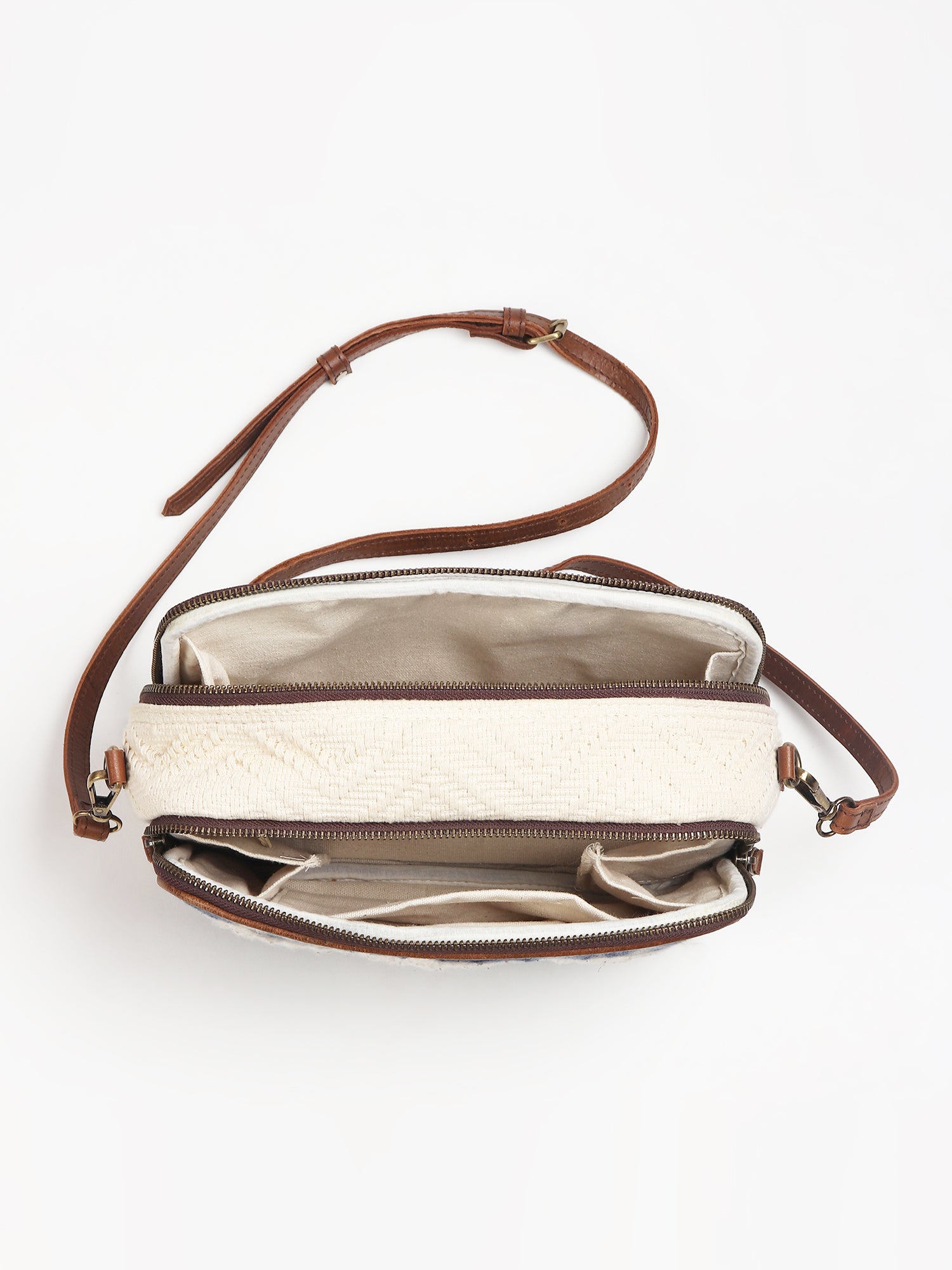 Luigina cotton and leather sling bag on model — Art Avenue
