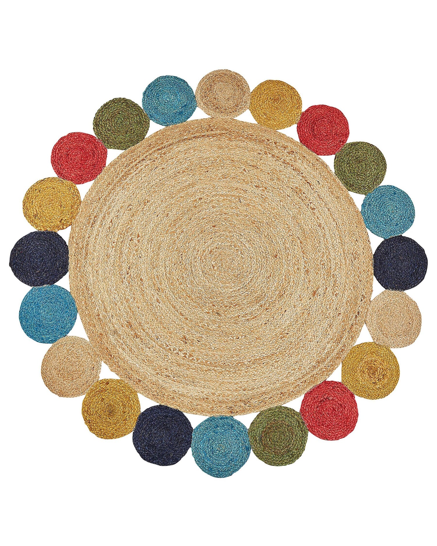 Duster round jute rug — hand-braided in Jaipur with coloured borders