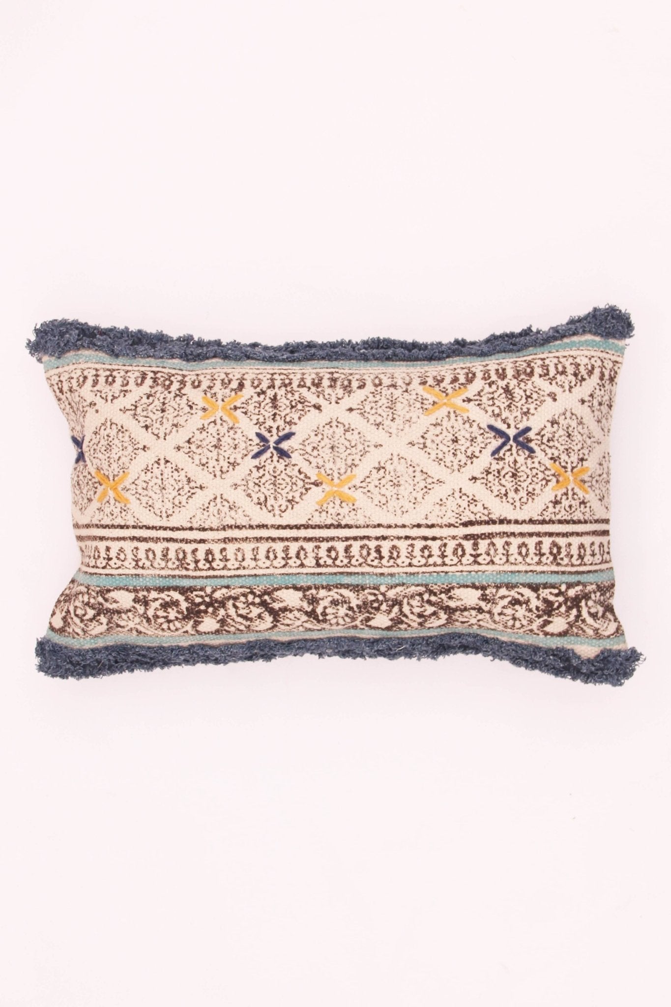 Block-printed shaggy lumbar cushion on sofa — Art Avenue