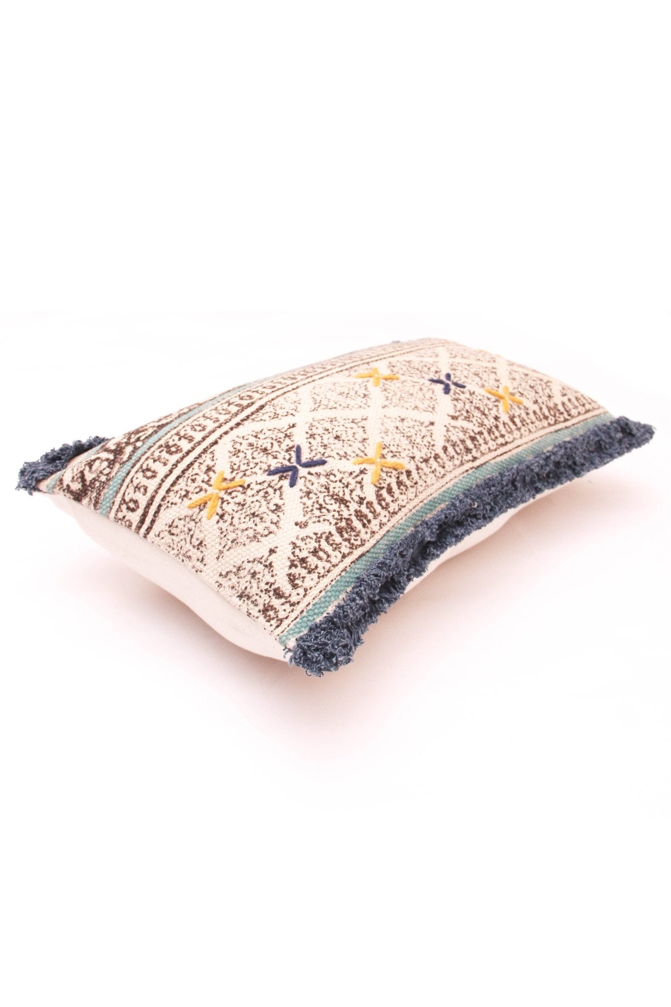 Detail of block-print on navy lumbar cushion cover — Art Avenue