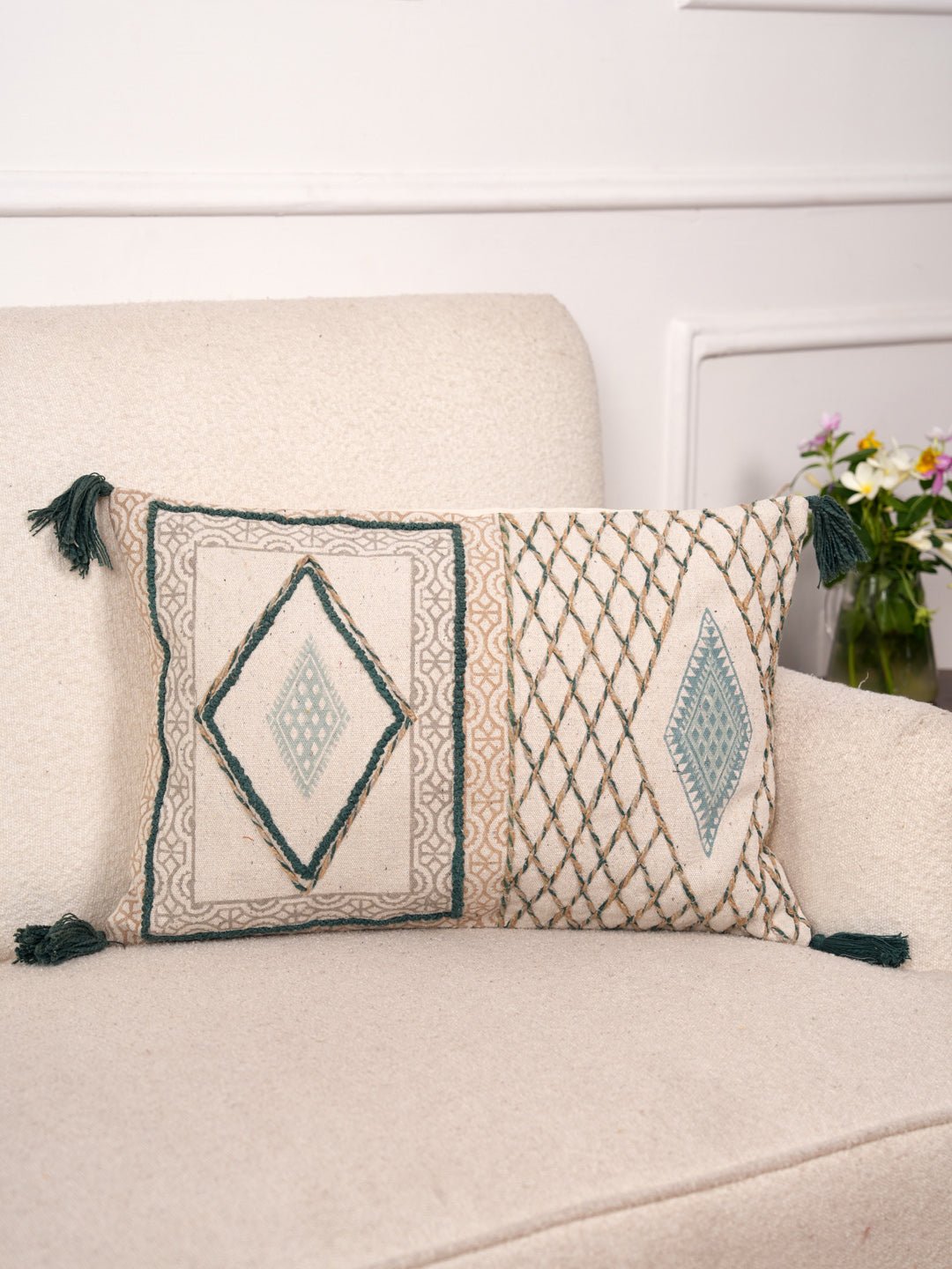 ARTFUL THREADED PATTERNS - BLOCK PRINTED LUMBAR CUHSION COVER - ART AVENUE