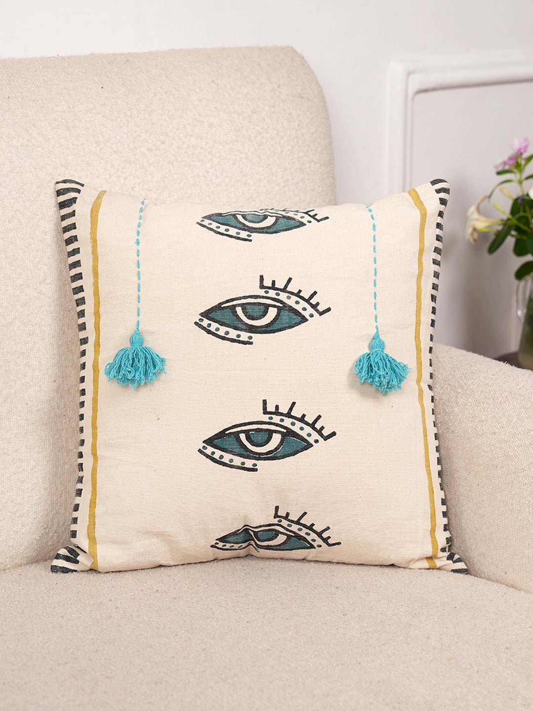 MYSTICAL GAZE & TASSEL - BLOCK PRINTED SQAURE CUSHION COVER - ART AVENUE