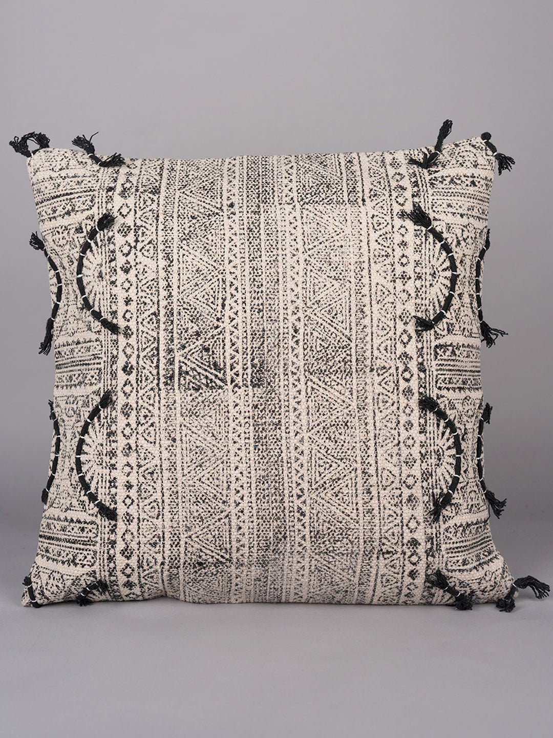 CHARCOAL WHIMSICAL HAVEN - BLOCK PRINTED SQAURE CUSHION COVER - ART AVENUE