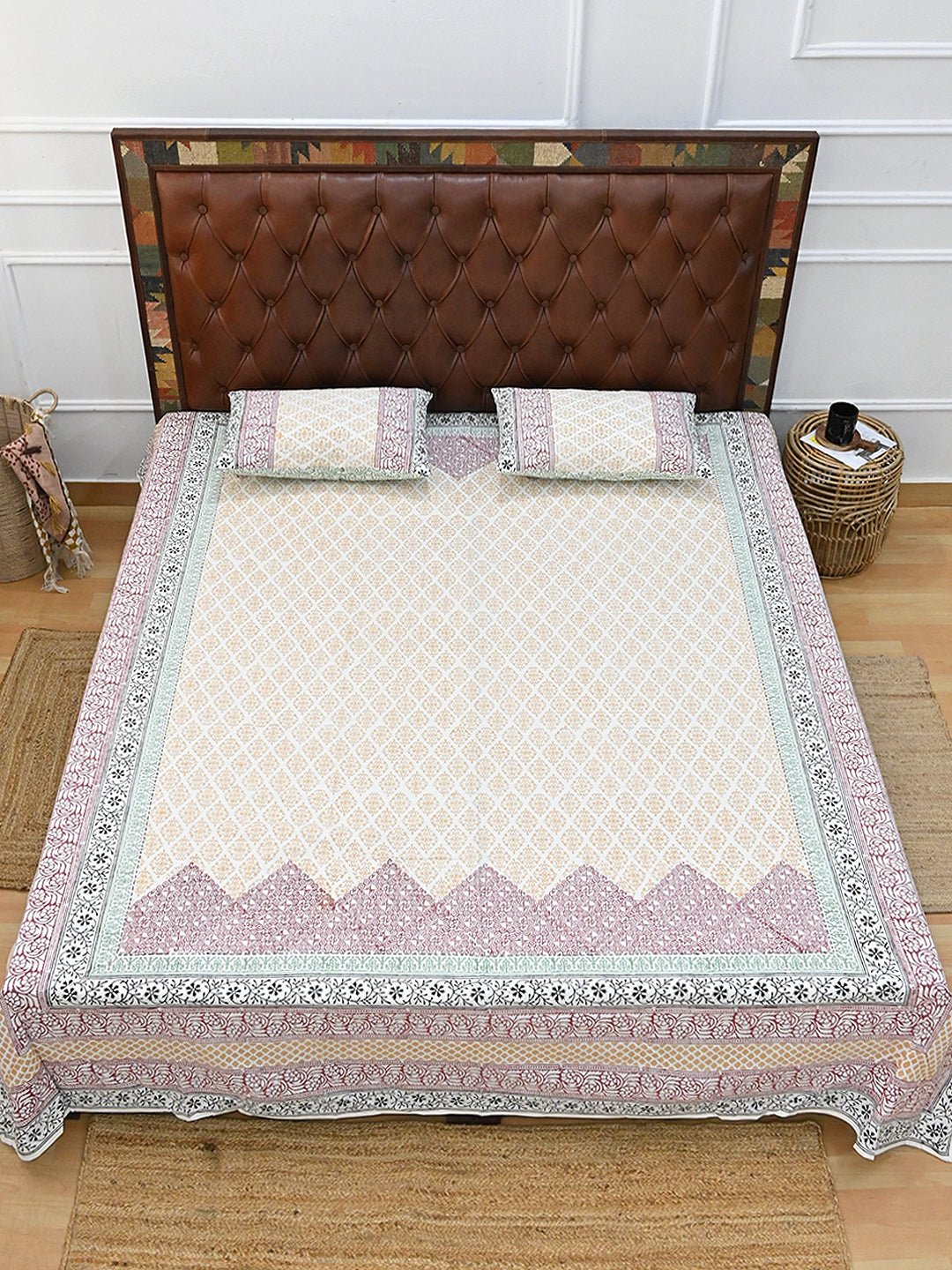 GEOMETRIC MULTICOLOR COTTON BLOCK PRINTED DOUBLE BEDSHEET WITH PILLOW - ART AVENUE