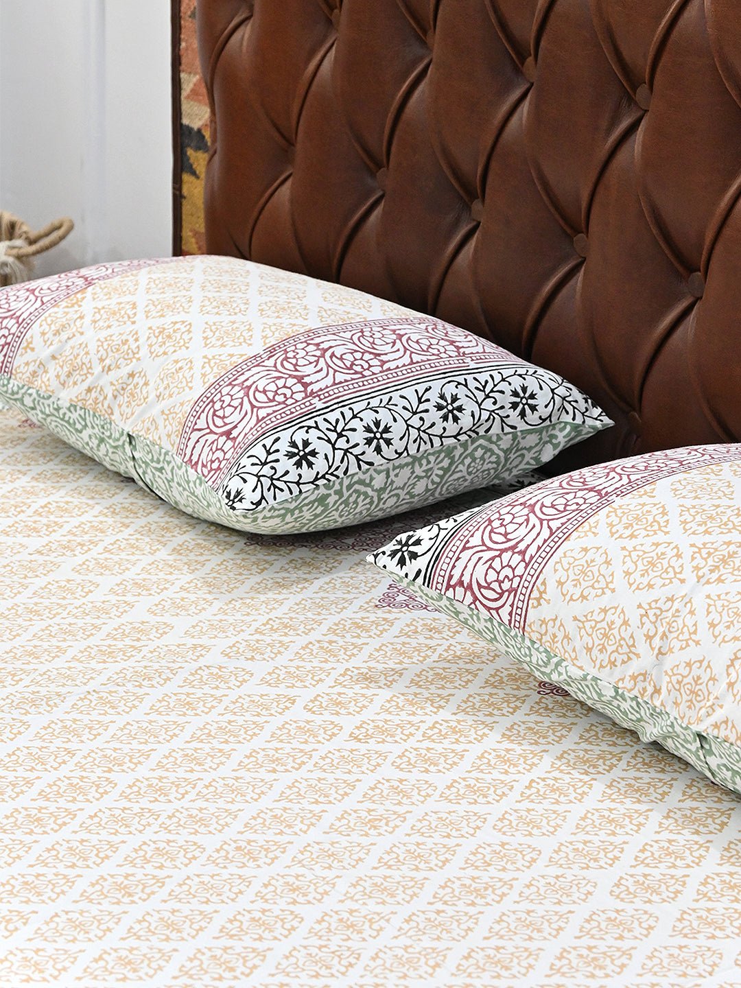 GEOMETRIC MULTICOLOR COTTON BLOCK PRINTED DOUBLE BEDSHEET WITH PILLOW - ART AVENUE