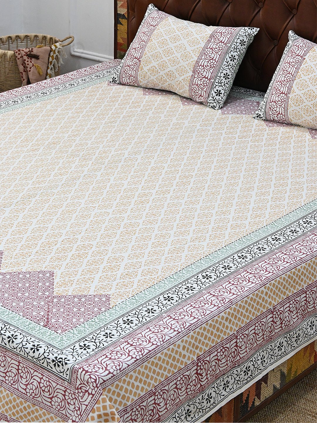 GEOMETRIC MULTICOLOR COTTON BLOCK PRINTED DOUBLE BEDSHEET WITH PILLOW - ART AVENUE