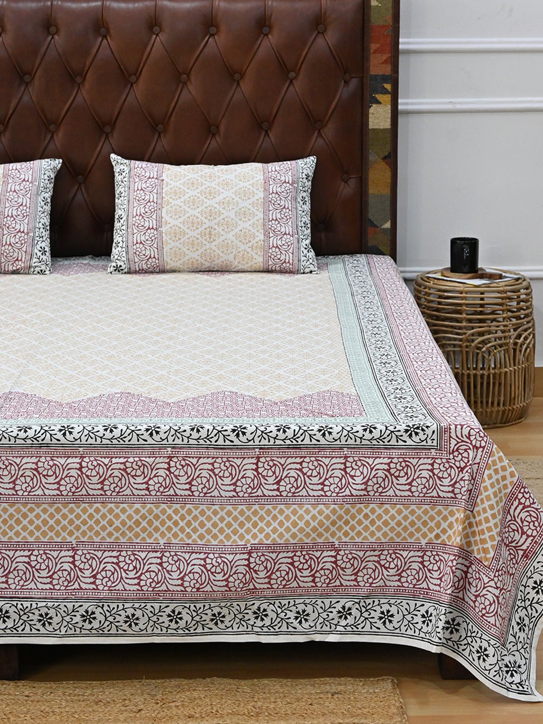GEOMETRIC MULTICOLOR COTTON BLOCK PRINTED DOUBLE BEDSHEET WITH PILLOW - ART AVENUE