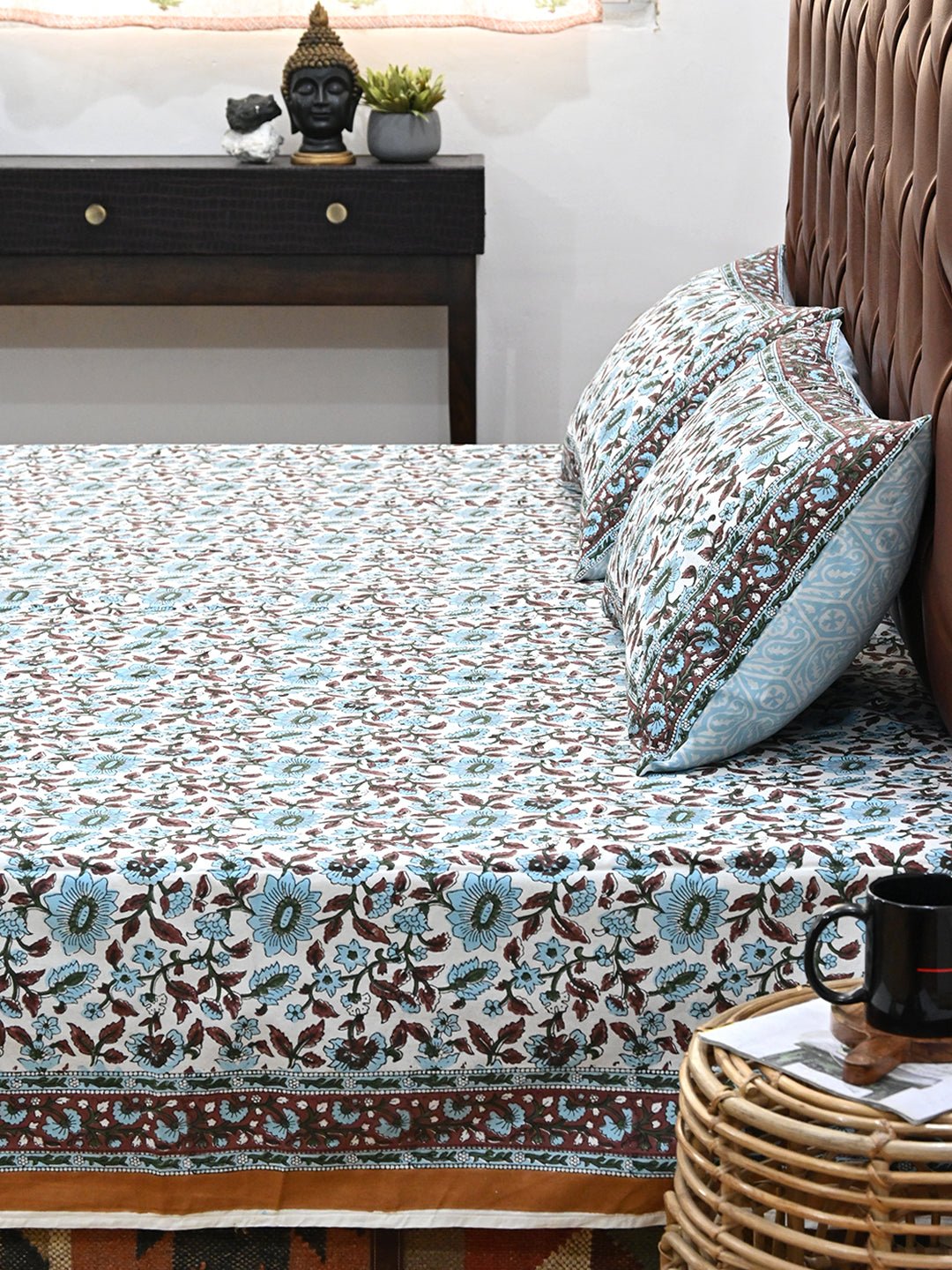 TROPICANA BLUE COTTON BLOCK PRINTED DOUBLE BEDSHEET WITH PILLOW - ART AVENUE