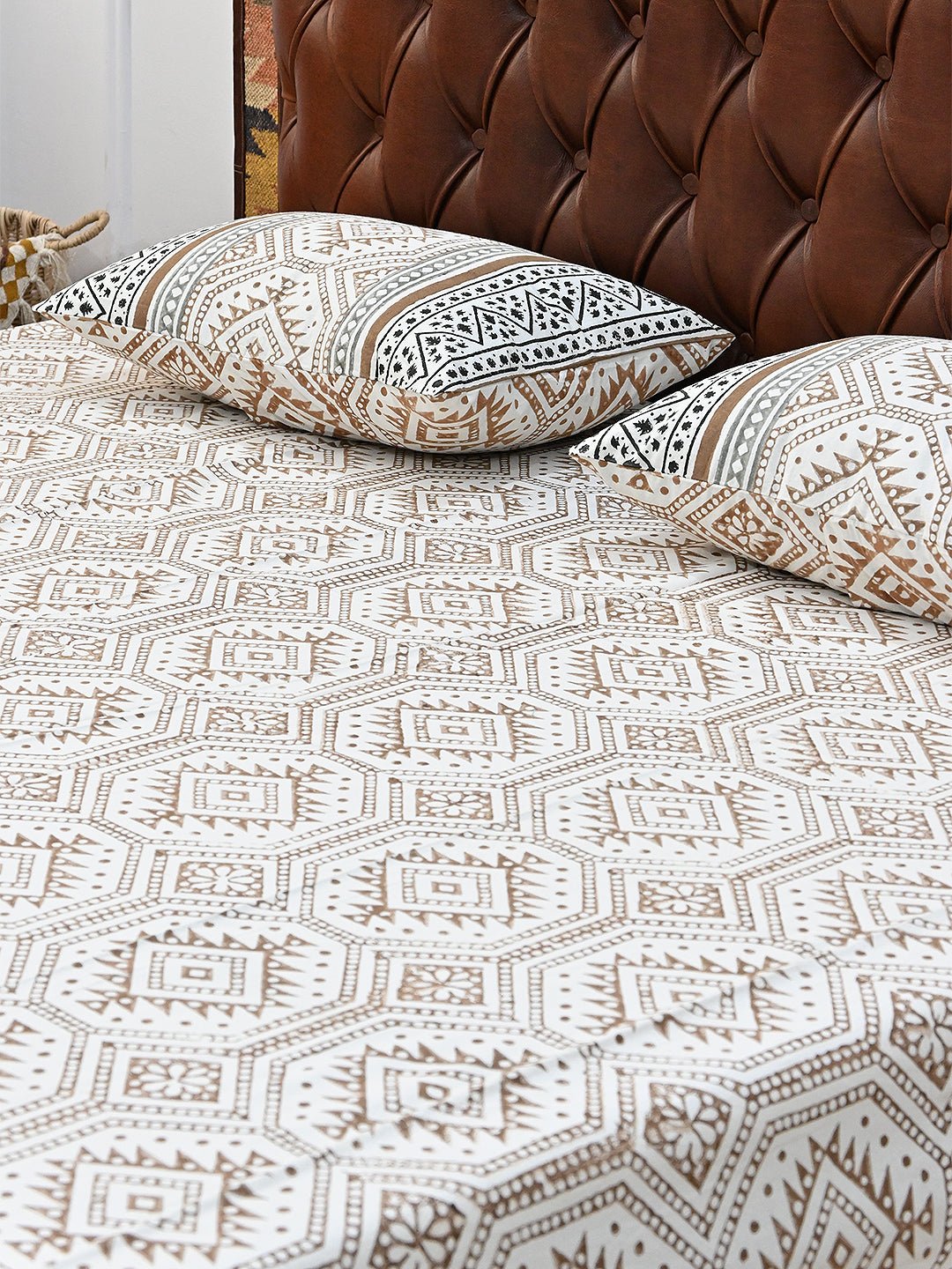 GEOMETRIC BROWN COTTON PRINTED DOUBLE BEDSHEET WITH PILLOW - ART AVENUE