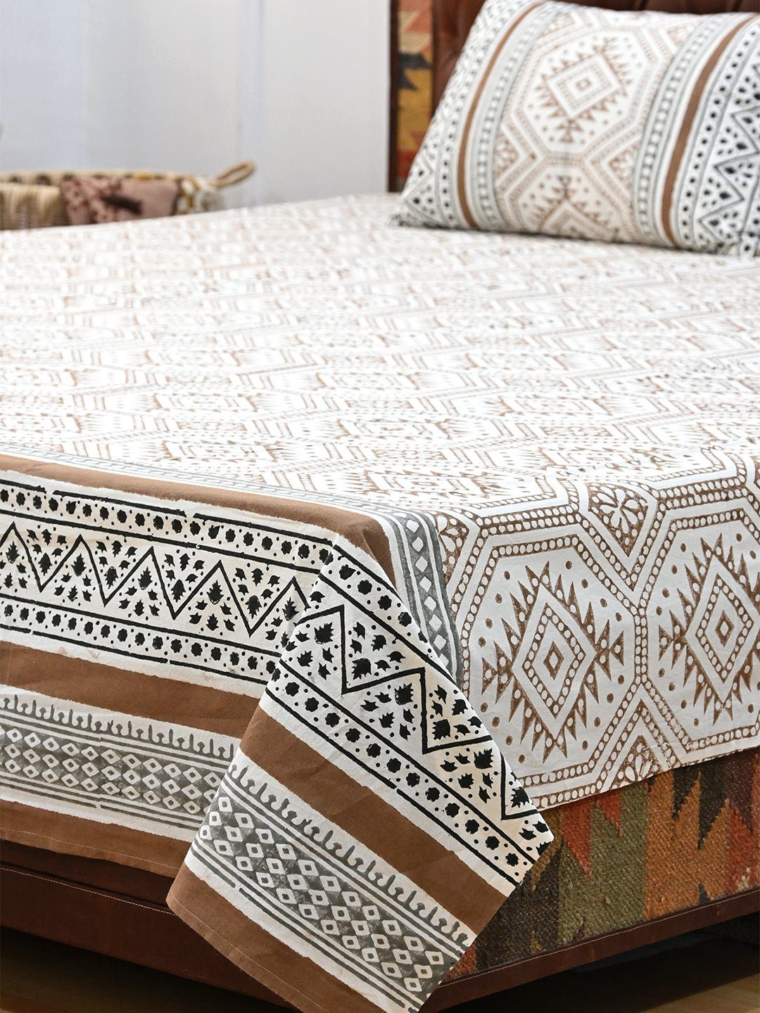 GEOMETRIC BROWN COTTON PRINTED DOUBLE BEDSHEET WITH PILLOW - ART AVENUE