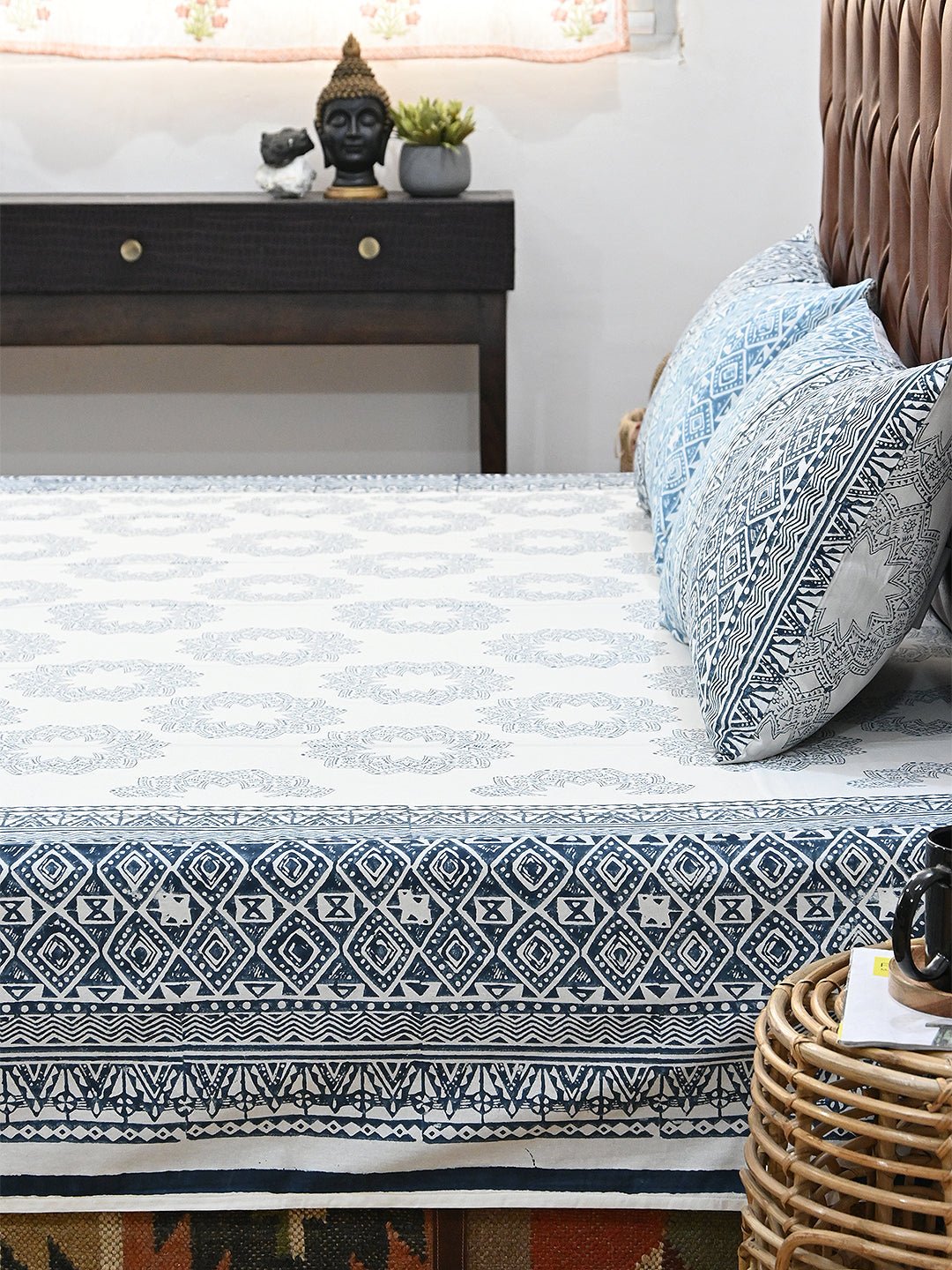 SUNFLOWER BLUE GEOMETRIC COTTON PRINTED DOUBLE BEDSHEET WITH PILLOW - ART AVENUE