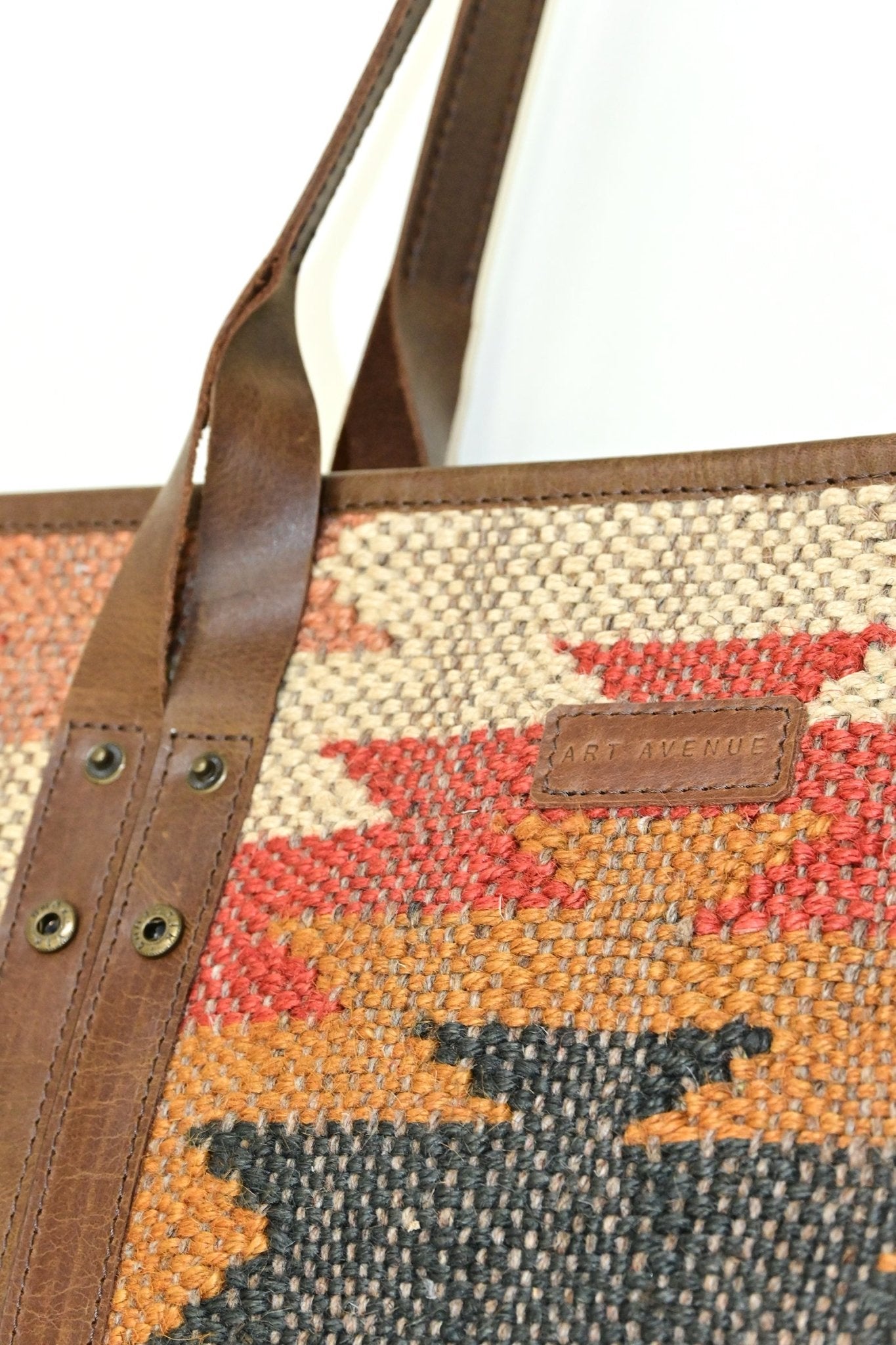Alpine kilim handbag front detail — Art Avenue