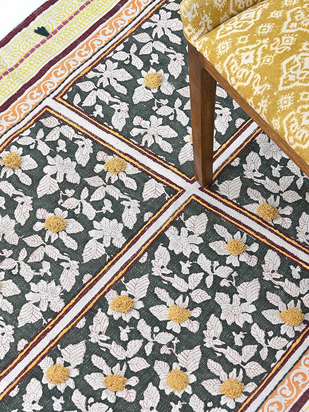 Block-printed cotton dhurrie rug styled in living room — Art Avenue