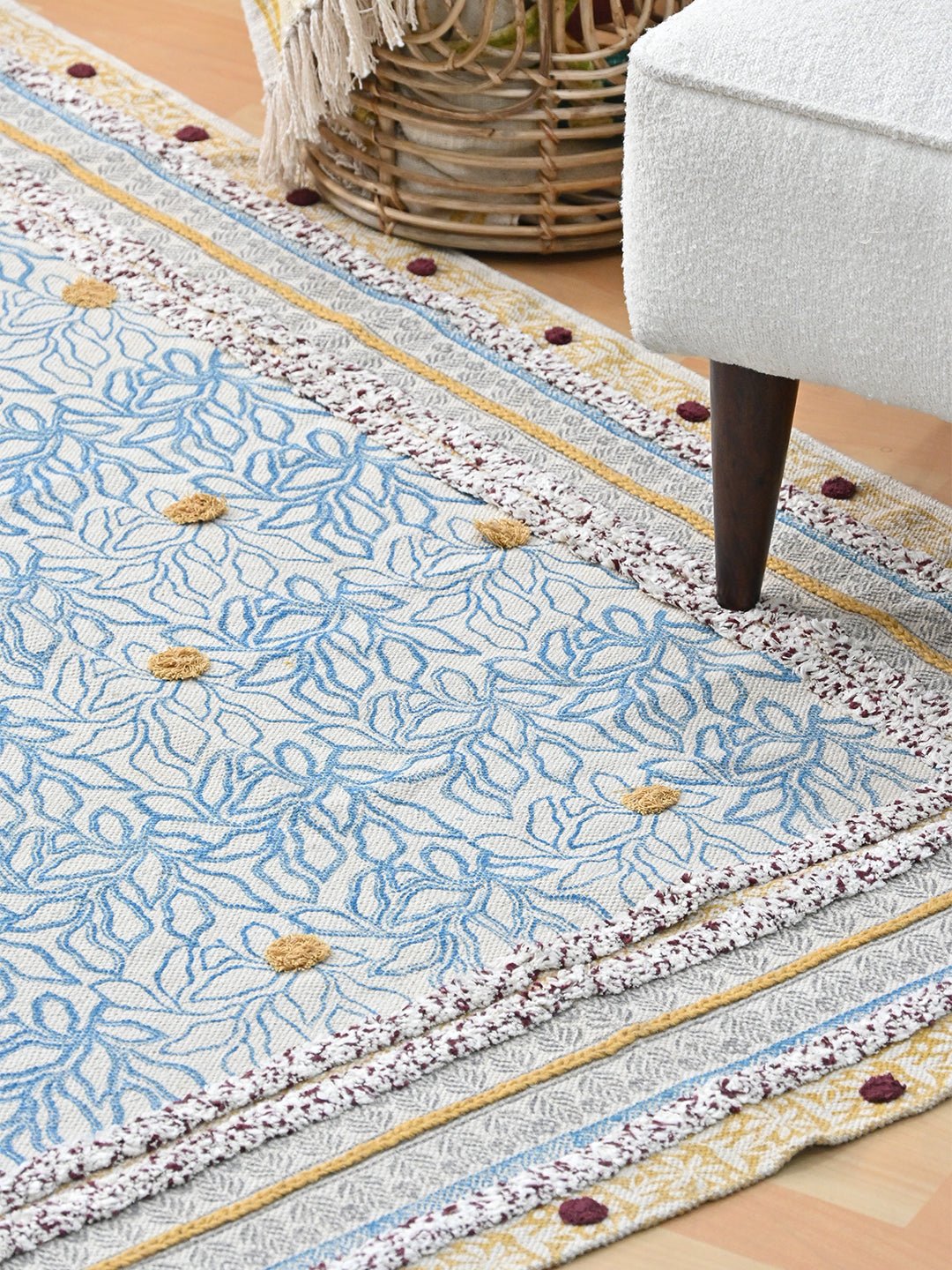 Block-printed cotton dhurrie rug styled in living room — Art Avenue