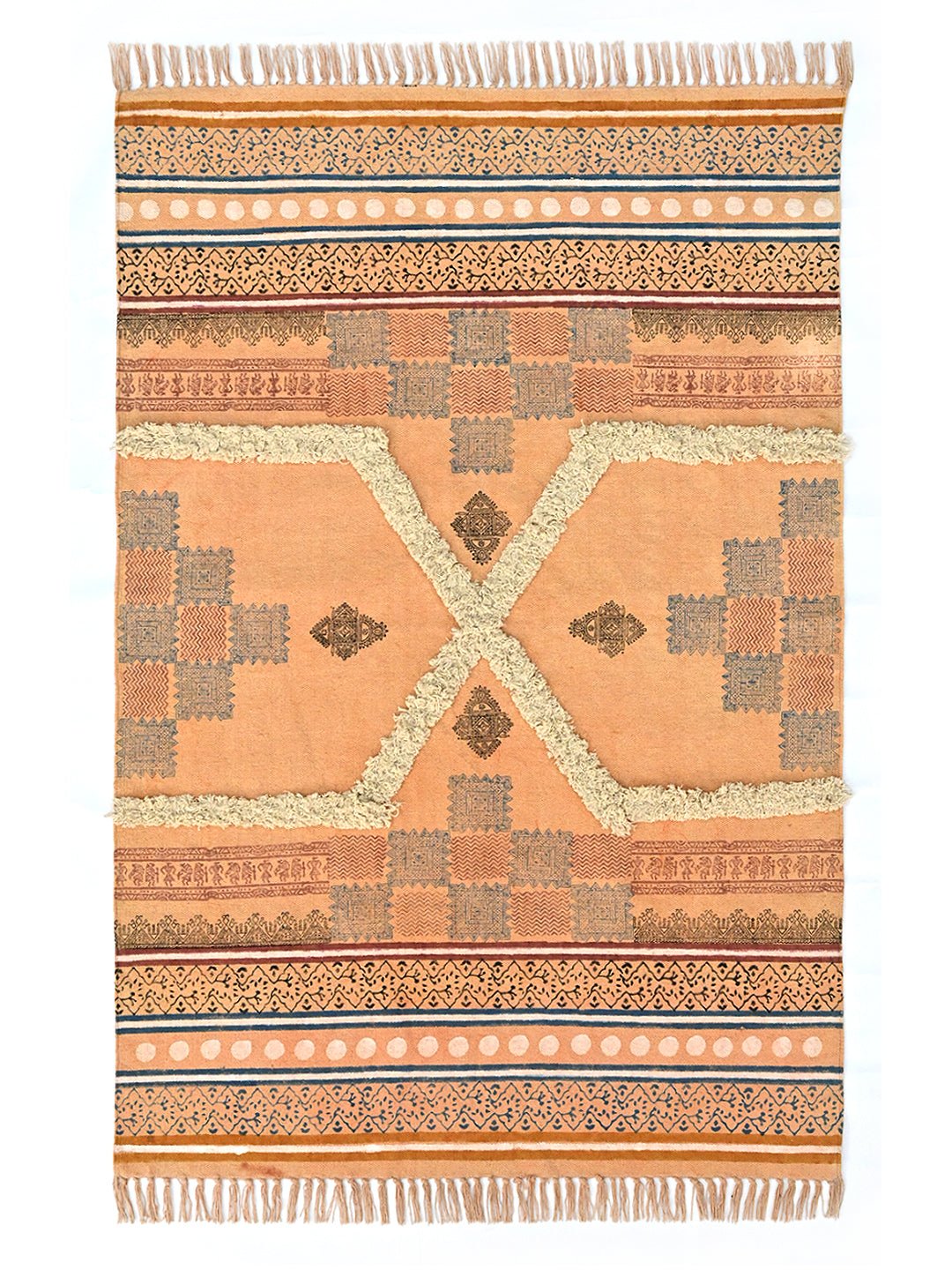 Block-Printed Cotton Dhurrie Rug in Blue, Green & Grey Floral — Art Avenue