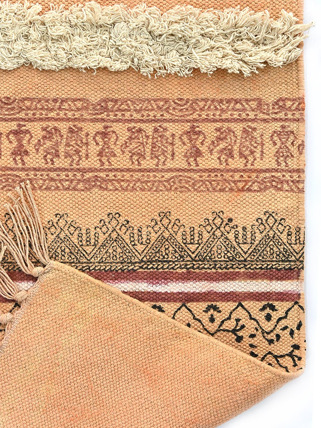Detail of floral block-print on cotton dhurrie rug — Art Avenue