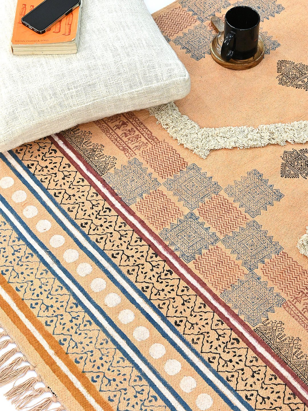 Rangoon Block-Printed Cotton Dhurrie Rug in Blue & Green — Art Avenue