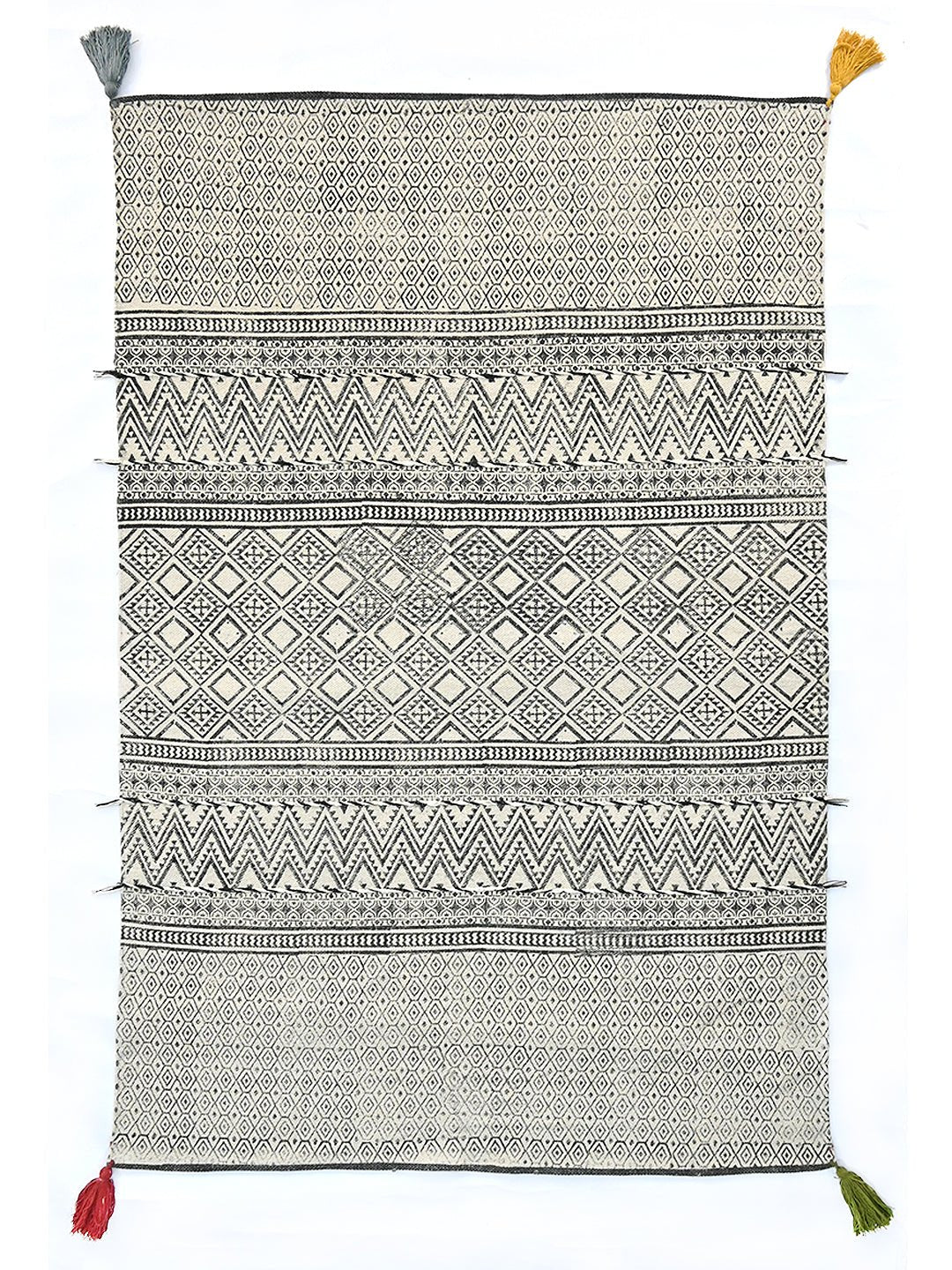 Block-Printed Cotton Dhurrie Rug in Blue, Green & Grey Floral — Art Avenue