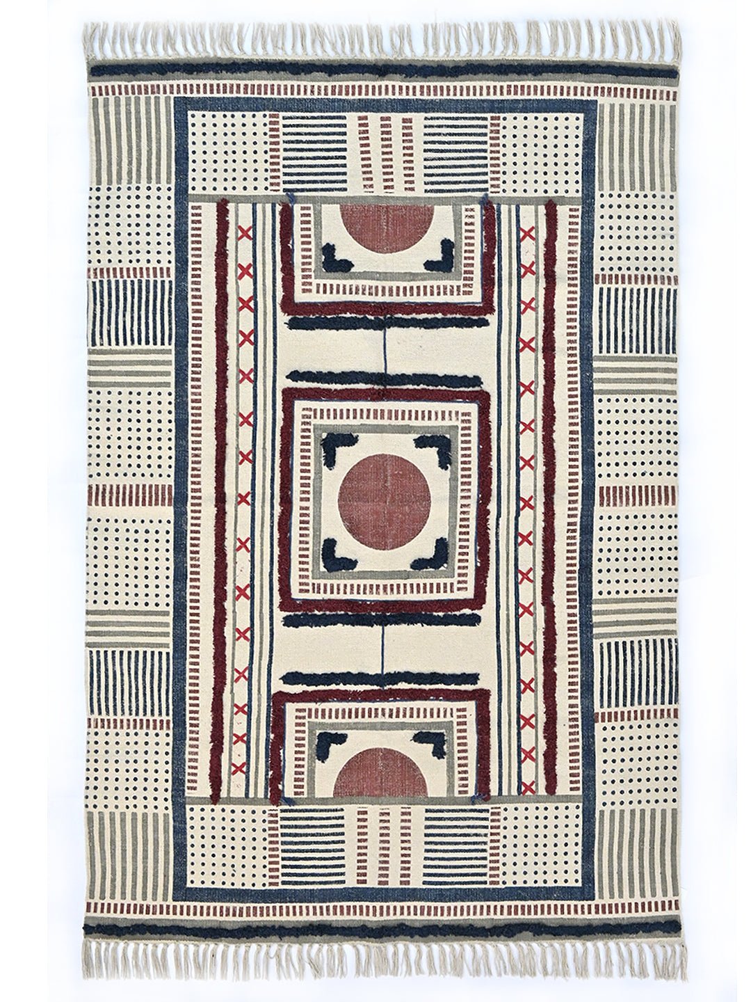 Block-Printed Cotton Dhurrie Rug in Blue, Green & Grey Floral — Art Avenue
