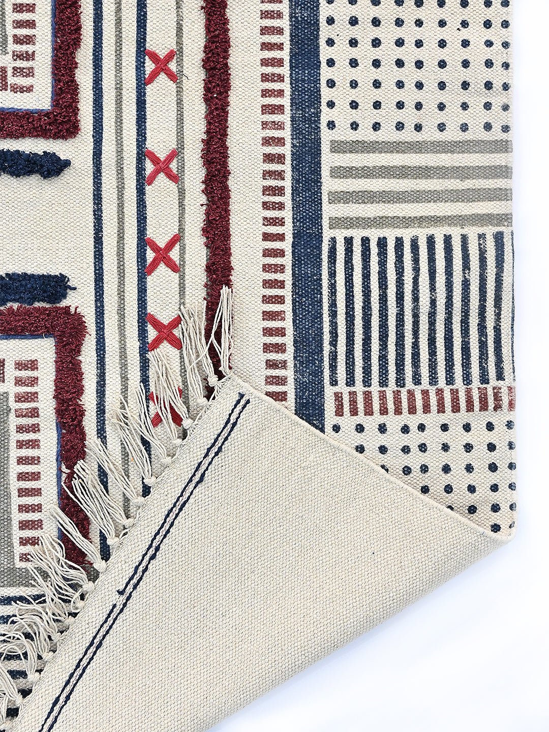 Detail of block-print floral pattern on cotton dhurrie rug — Art Avenue