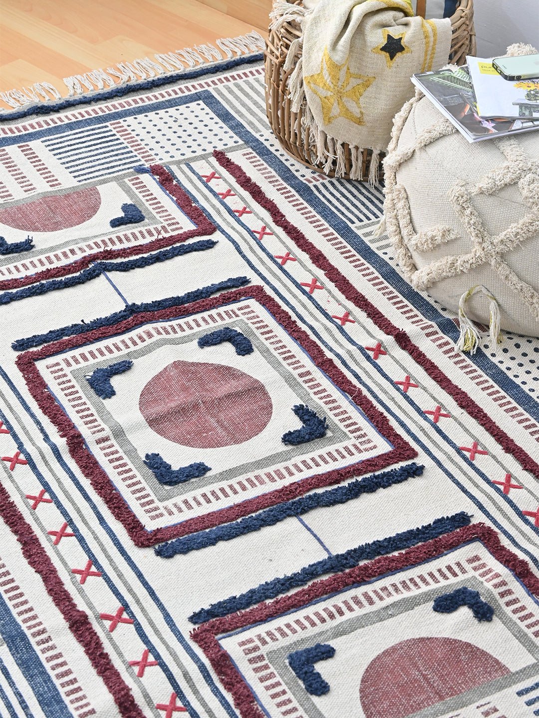 Block-printed cotton dhurrie rug in room setting — Art Avenue