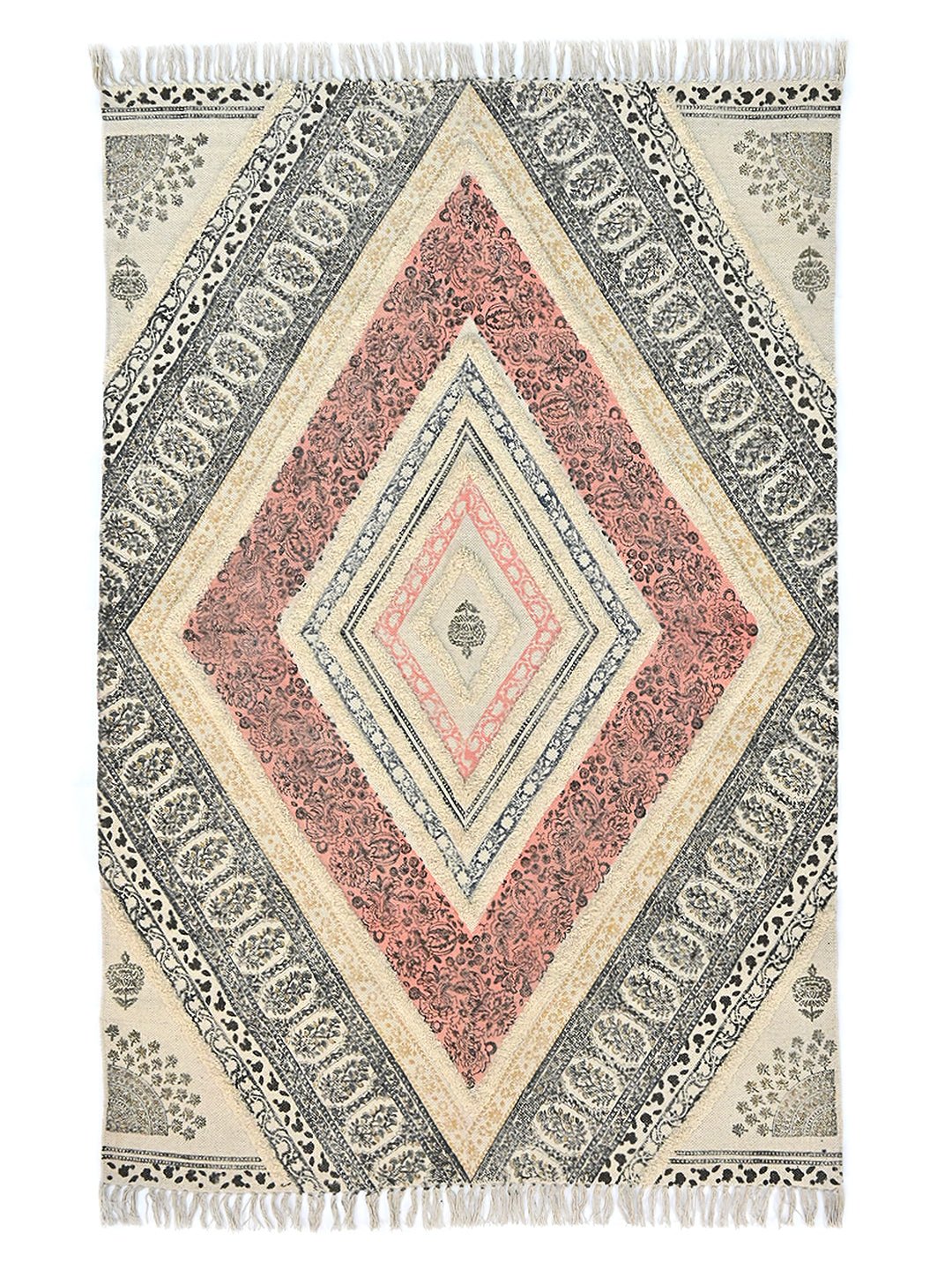 Block-Printed Cotton Dhurrie Rug in Black Traditional Pattern — Art Avenue