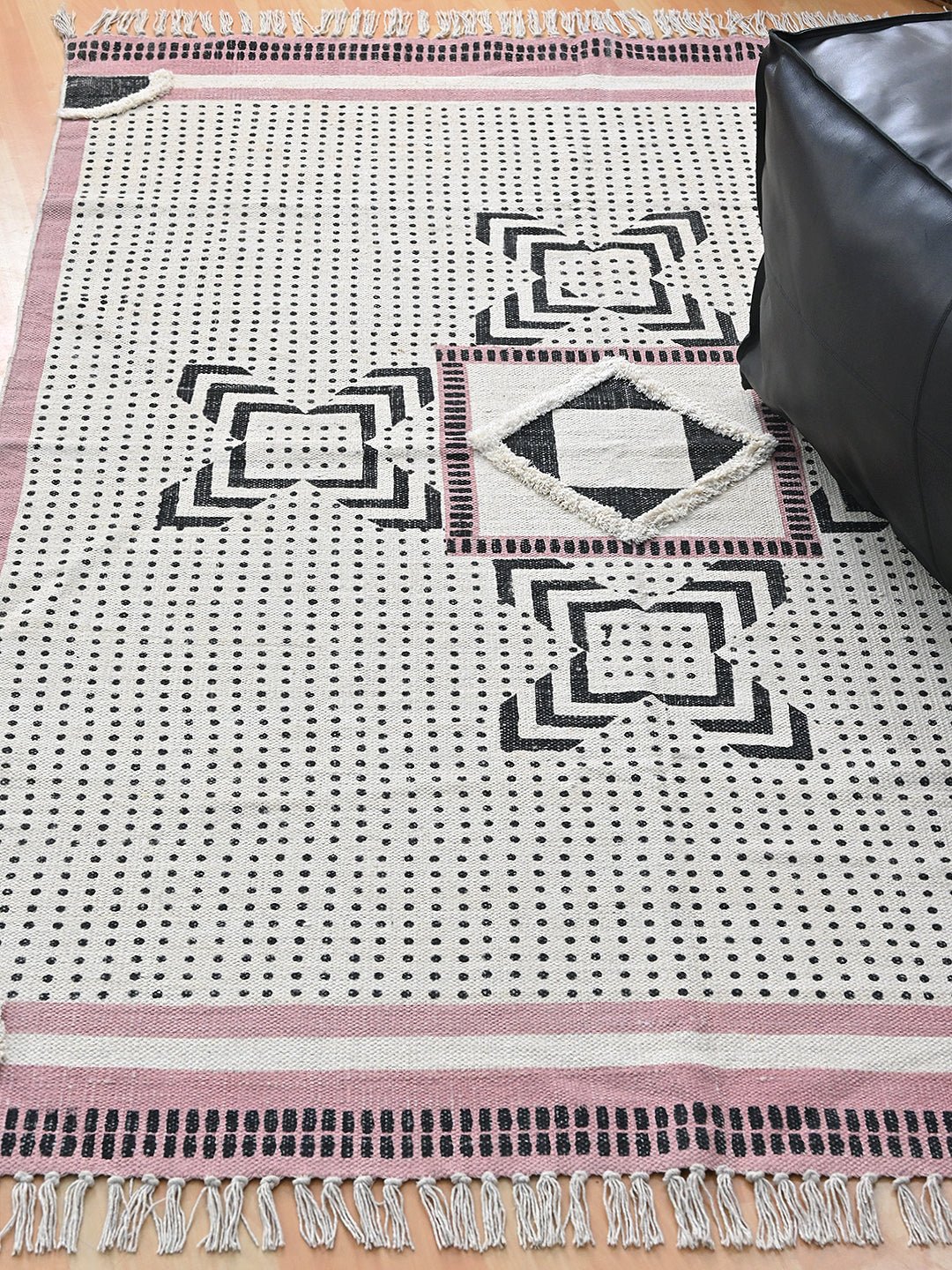 Block-printed dhurrie rug styled in modern interior — Art Avenue