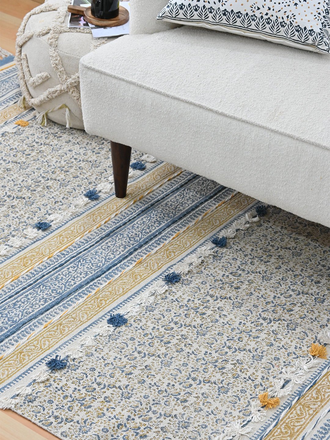 Block-printed cotton dhurrie rug in room setting — Art Avenue