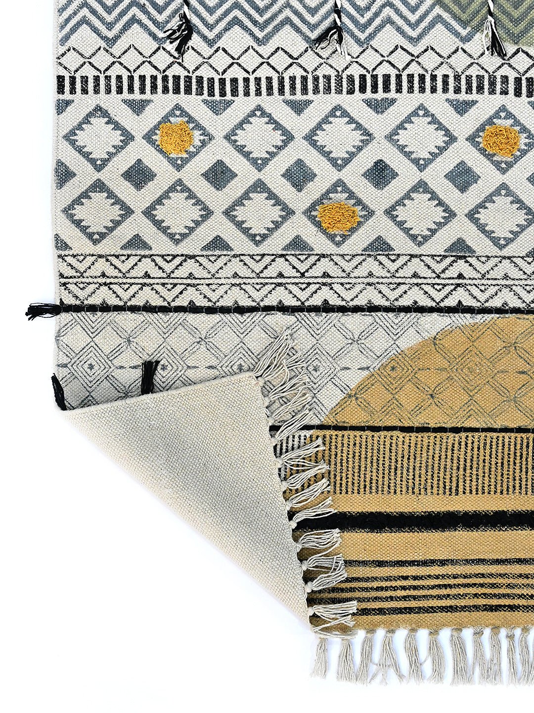 Block-printed cotton dhurrie rug styled in living room — Art Avenue