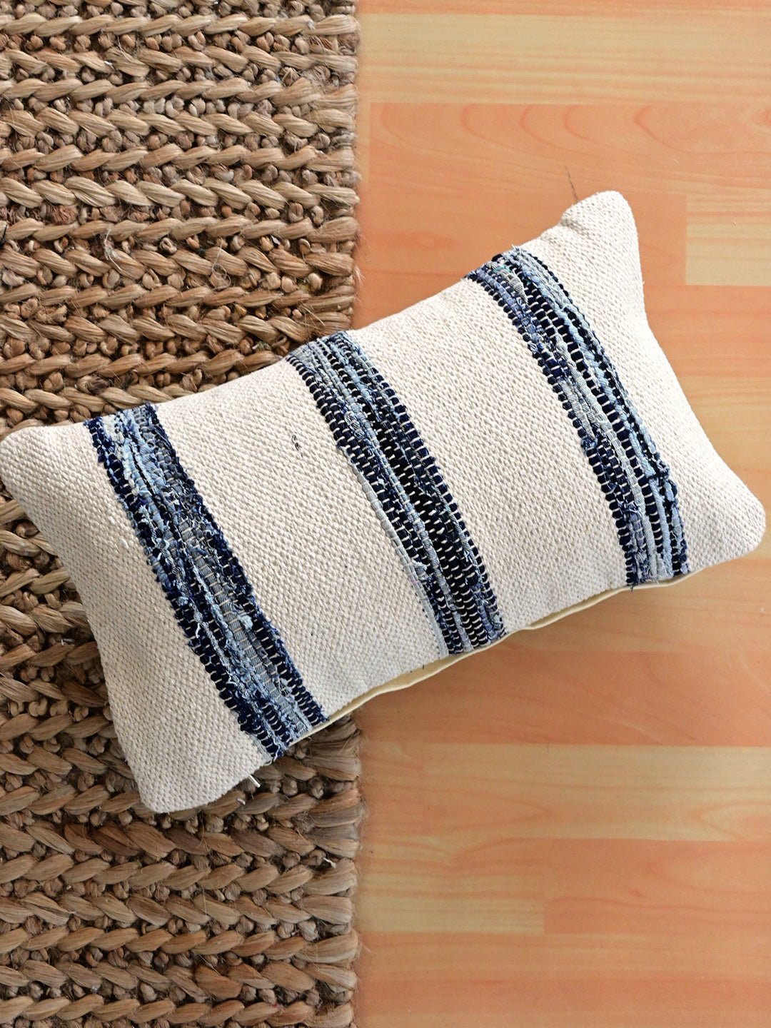 Faded Handwoven Denim Chindi Lumbar Cushion Cover — Art Avenue