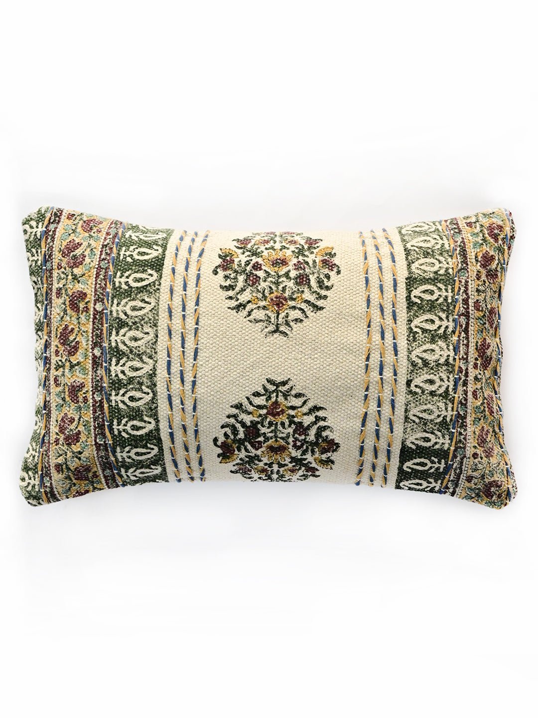 Detail of block-print embroidery on lumbar cushion cover — Art Avenue