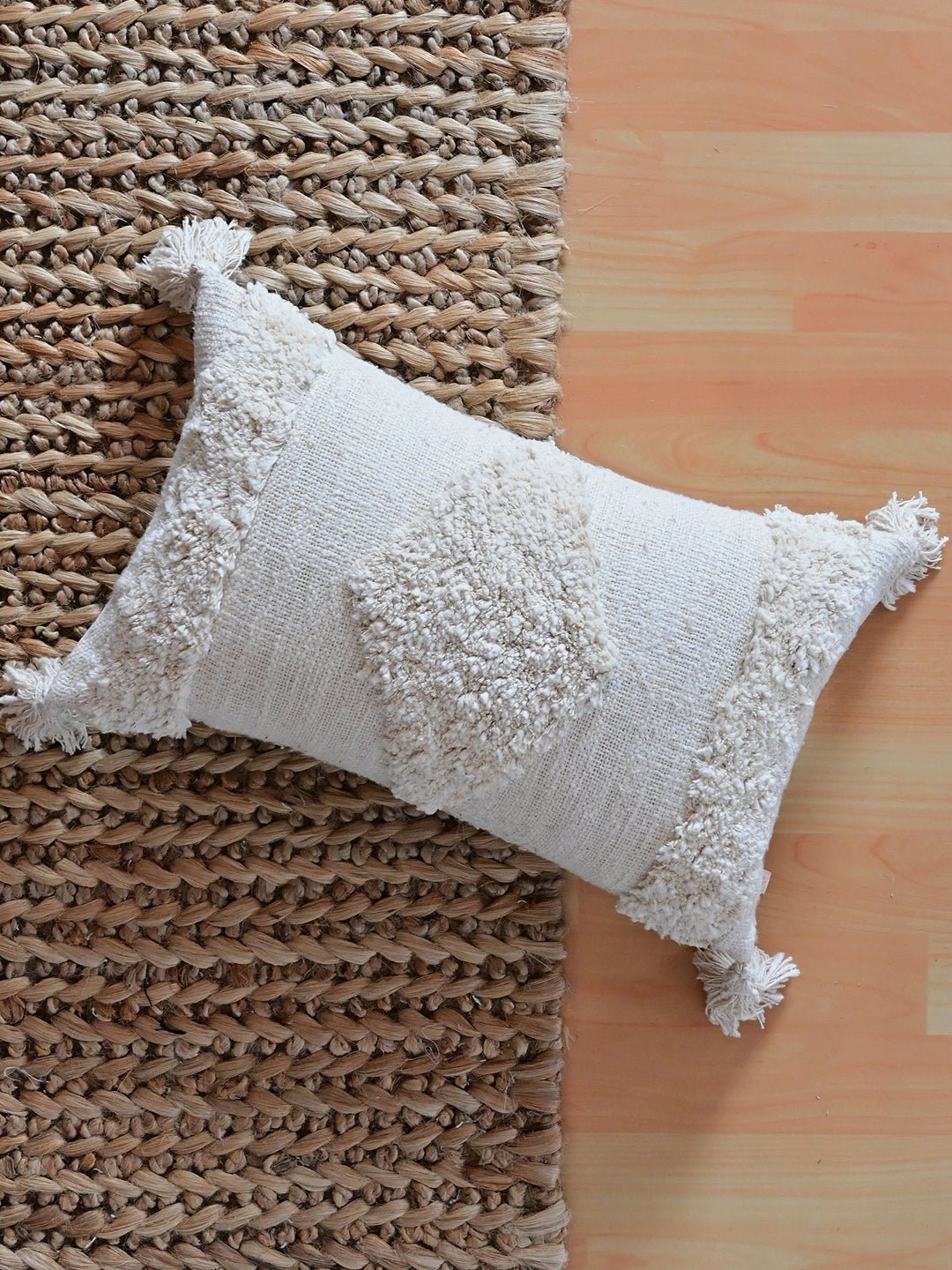Overdyed shaggy lumbar cushion on sofa — Art Avenue