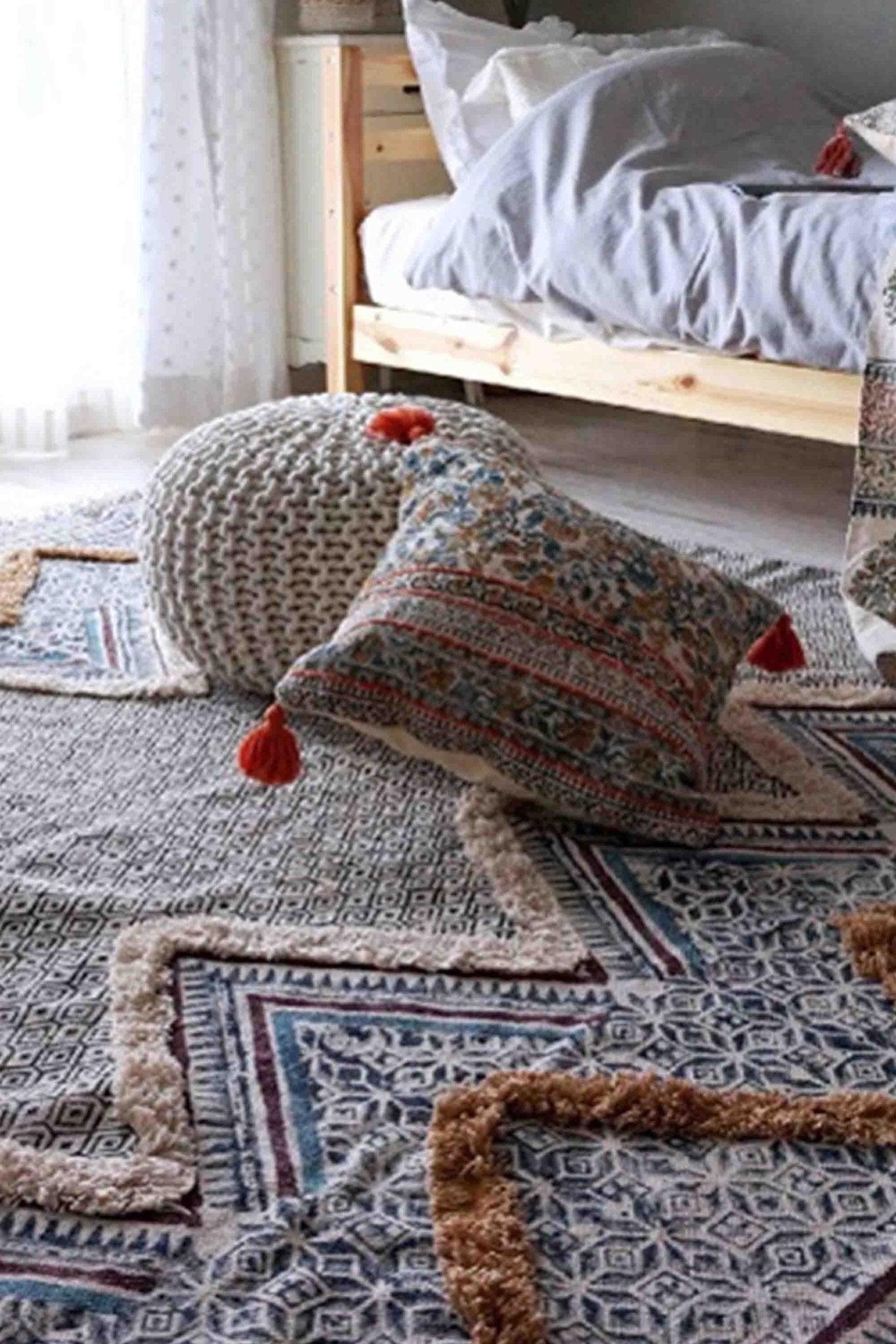 Detail of block-print on blue cotton dhurrie rug — Art Avenue