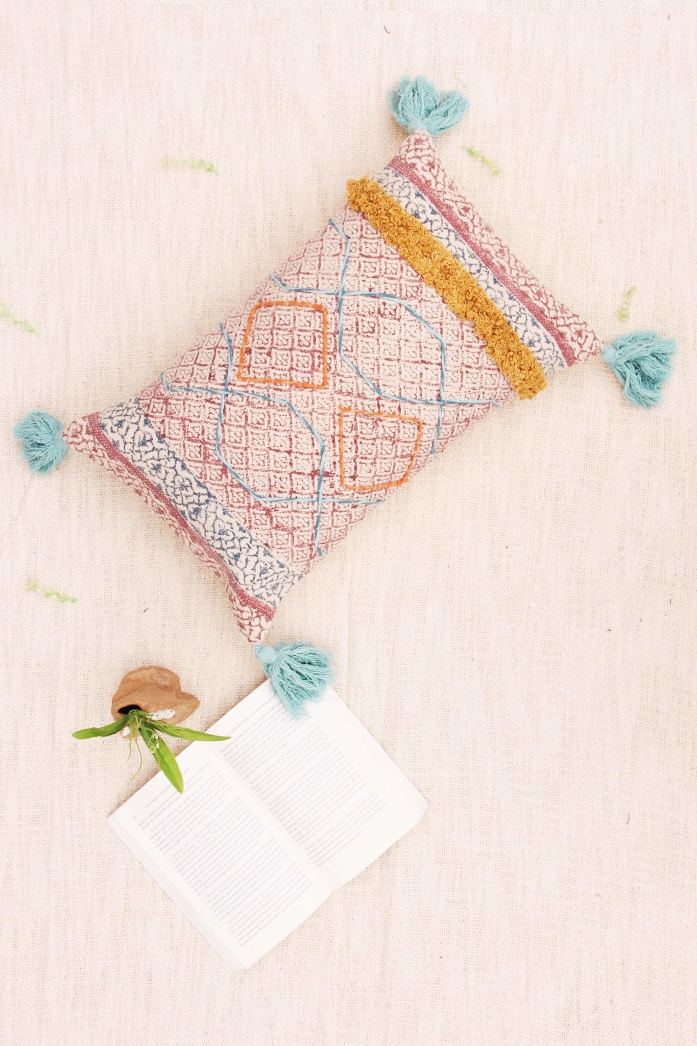 Azov Block-Printed Embroidered Lumbar Cushion Cover — Orange — Art Avenue