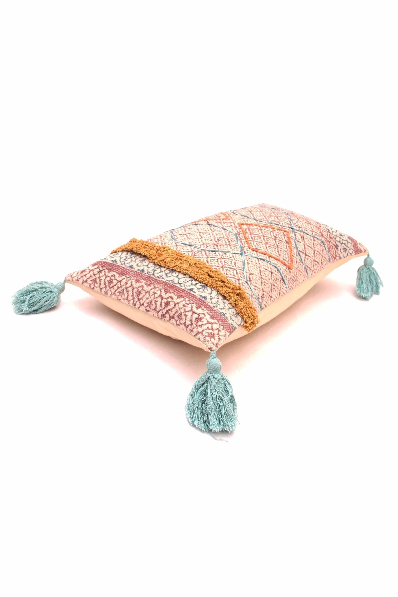 Detail of block-print embroidery on orange lumbar cushion cover — Art Avenue