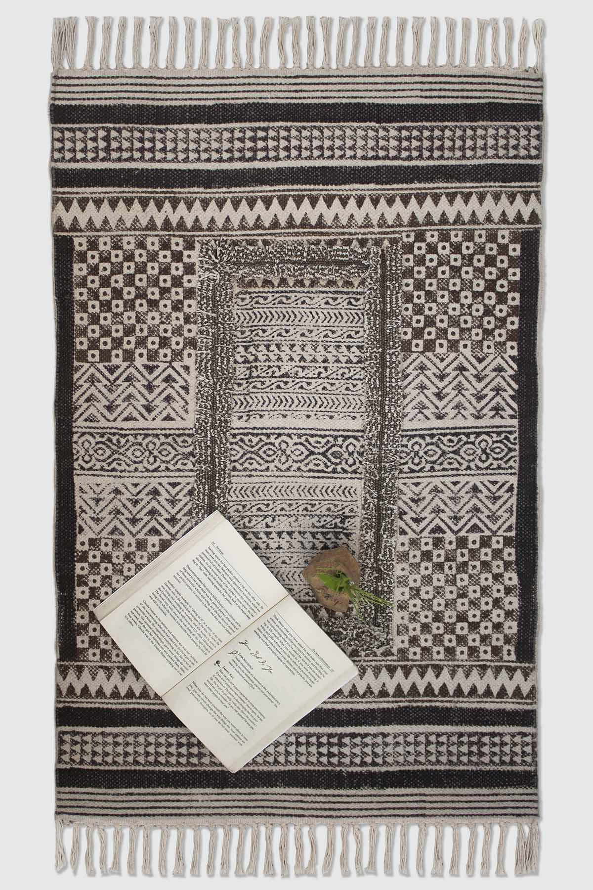 Benjamin Block-Printed Cotton Dhurrie Rug in Brown — Art Avenue